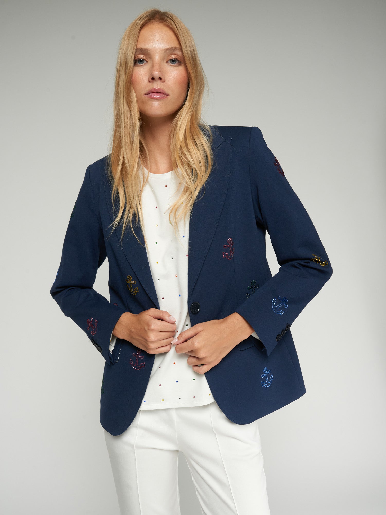Navy blue jacket with anchor embroidery for women | Vilagallo