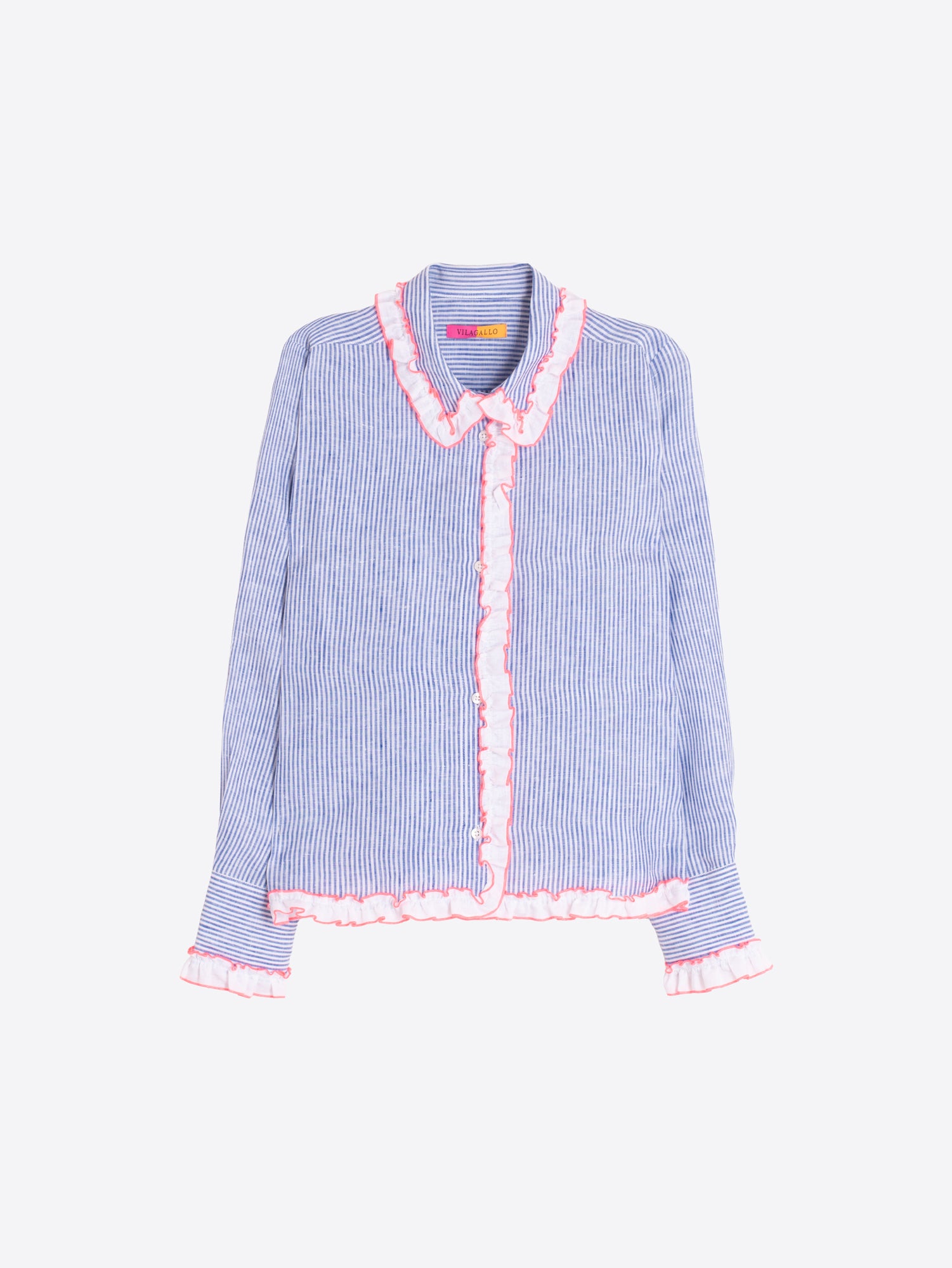 CAMISA RAYAS AZUL VOLANTES ROSA