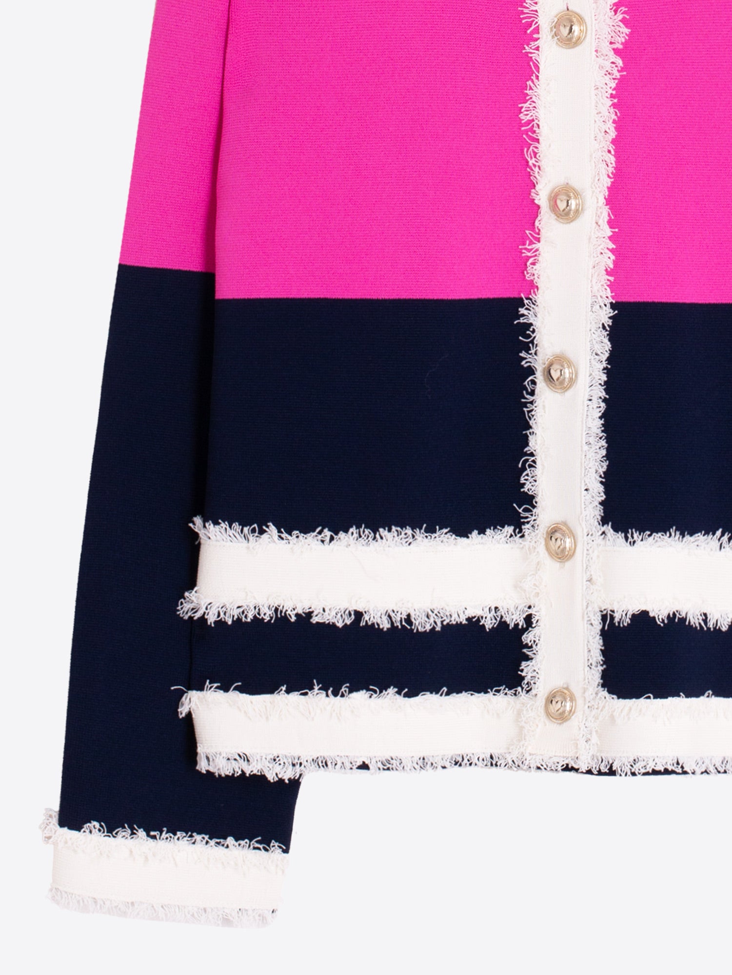 CHAQUETA FUCSIA Y MARINO RIBETES DESHILACHADOS