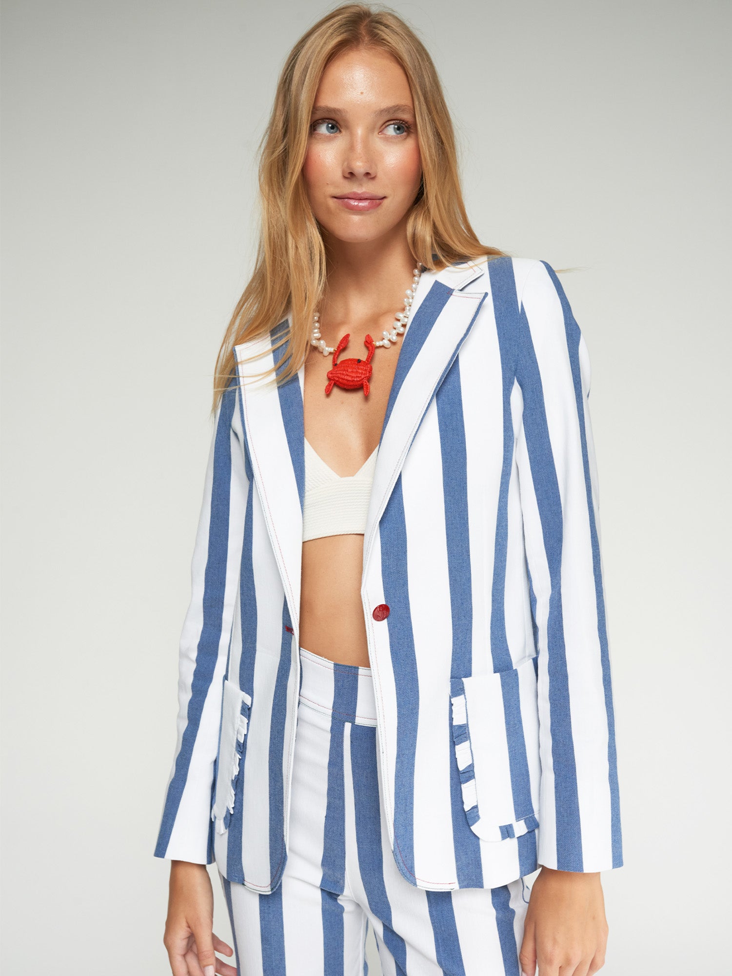 Blue and white striped jacket with wavy trim for women | Vilagallo