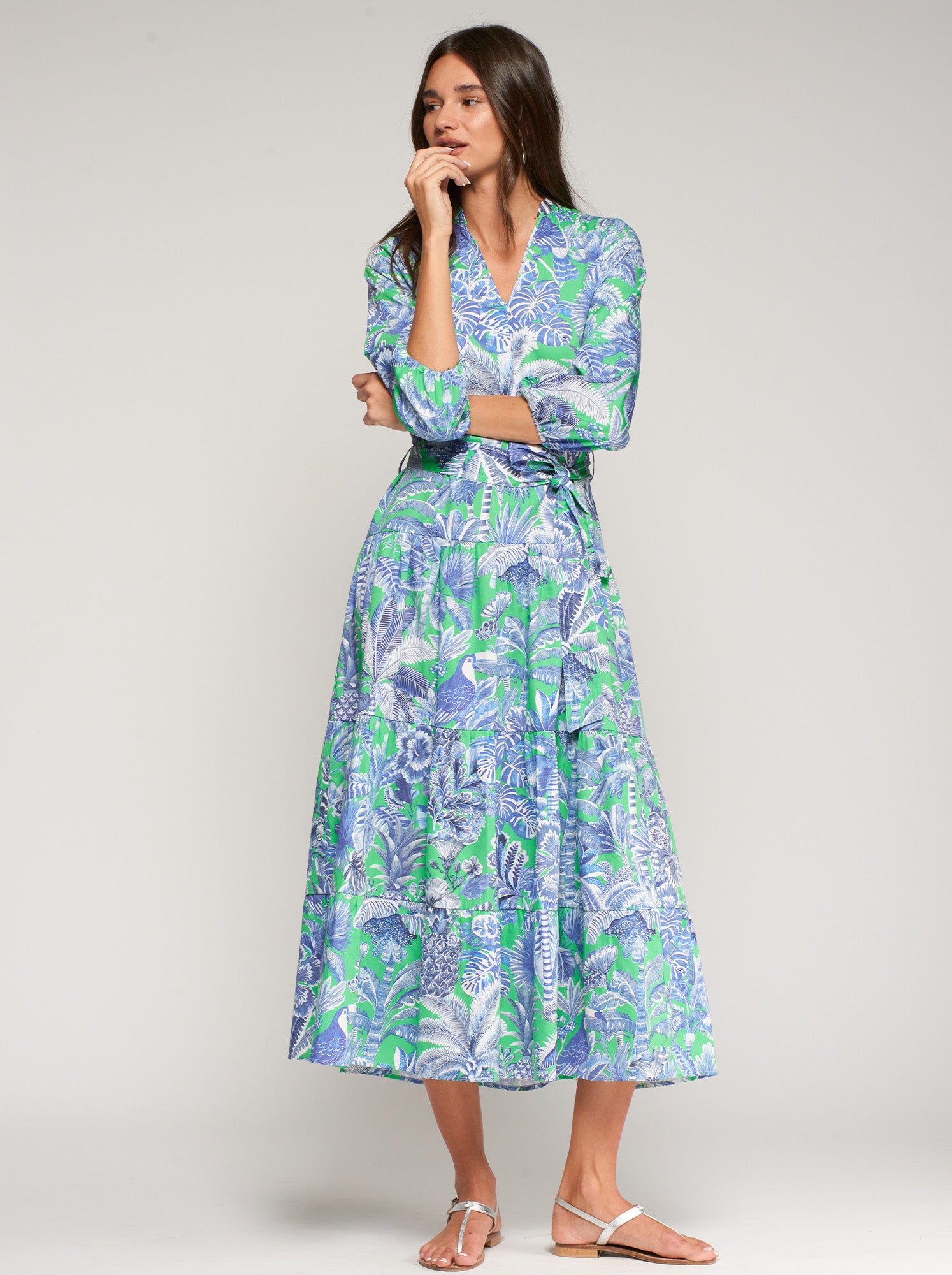 GREEN AND BLUE TROPICAL PRINT DRESS GREEN AND BLUE TROPICAL PRINT DRESS