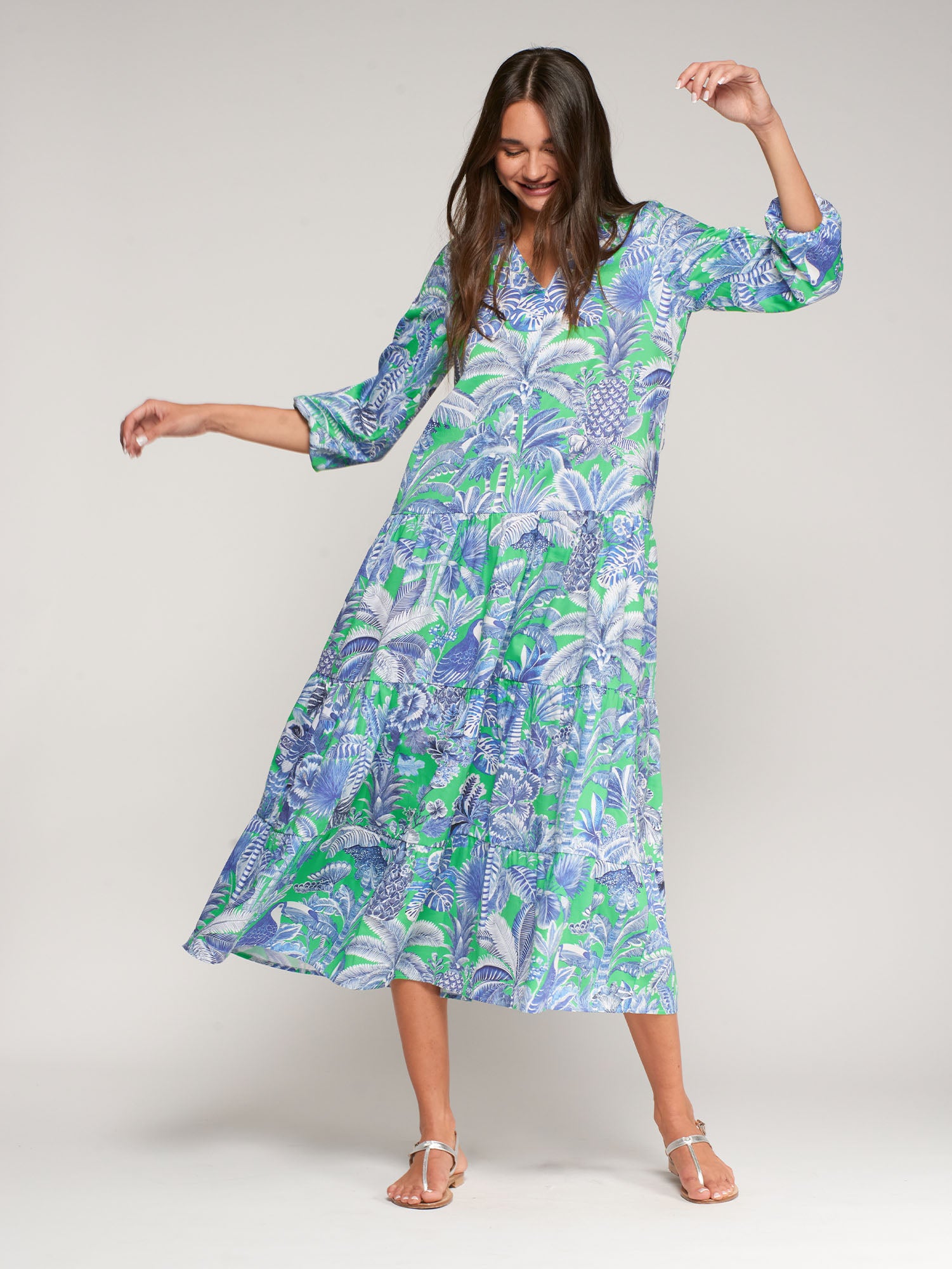 VESTIDO ESTAMPADO VERDE AZUL ESCOTE V