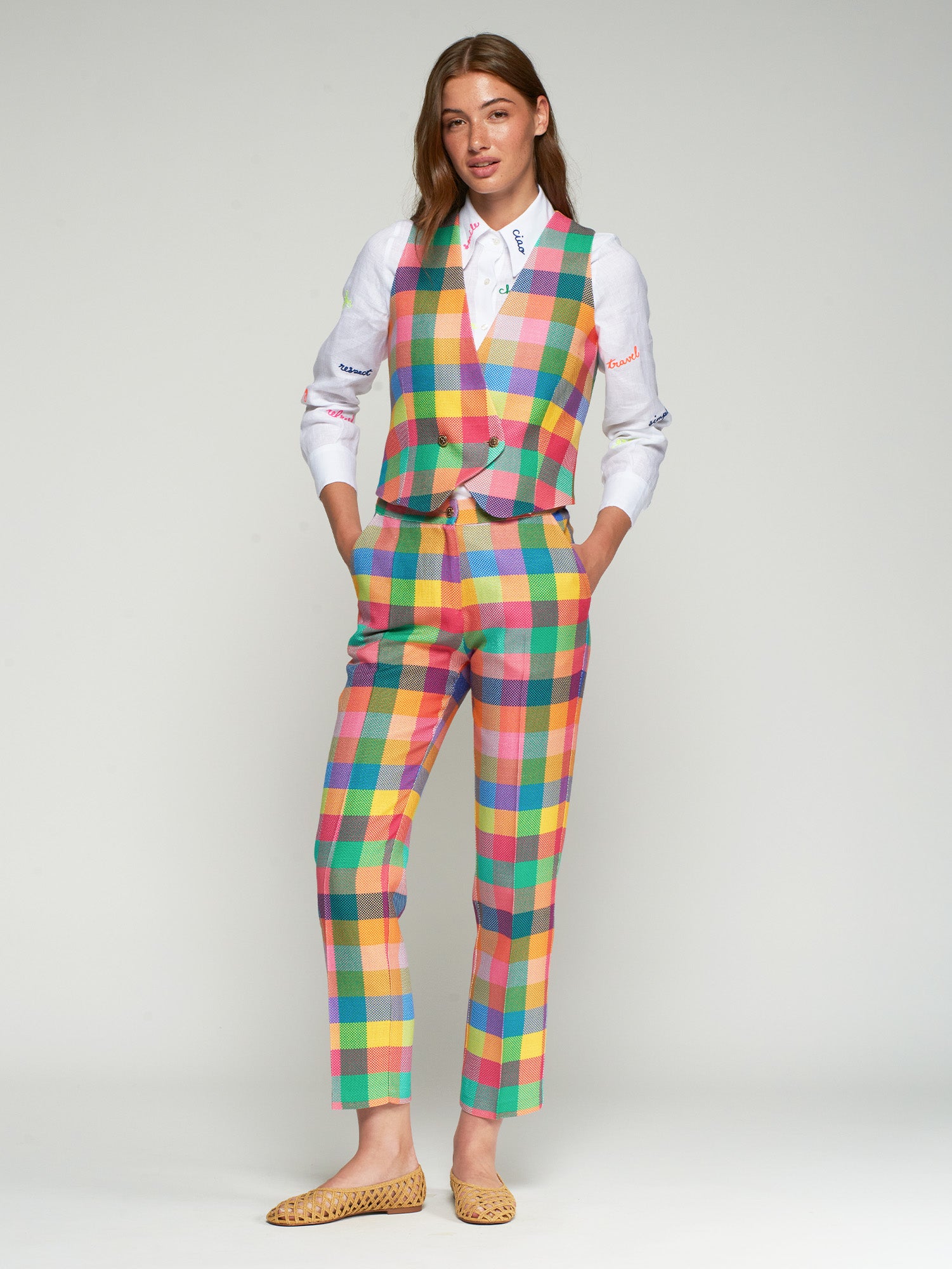 PANTALÓN RECTO ESTAMPADO CUADROS MULTICOLOR