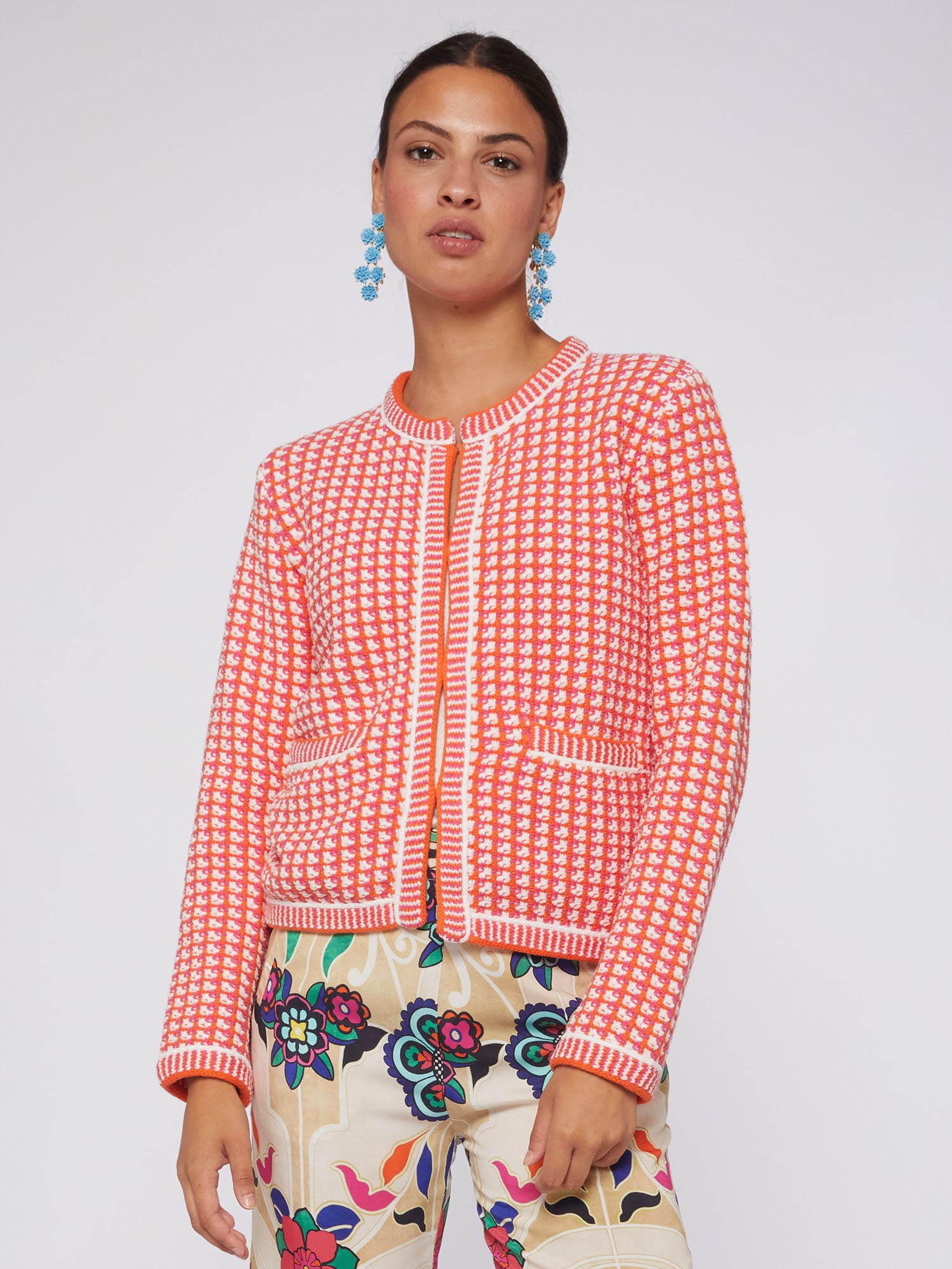 KNITWEAR TWEED JACKET PINK&ECRU ORANGE