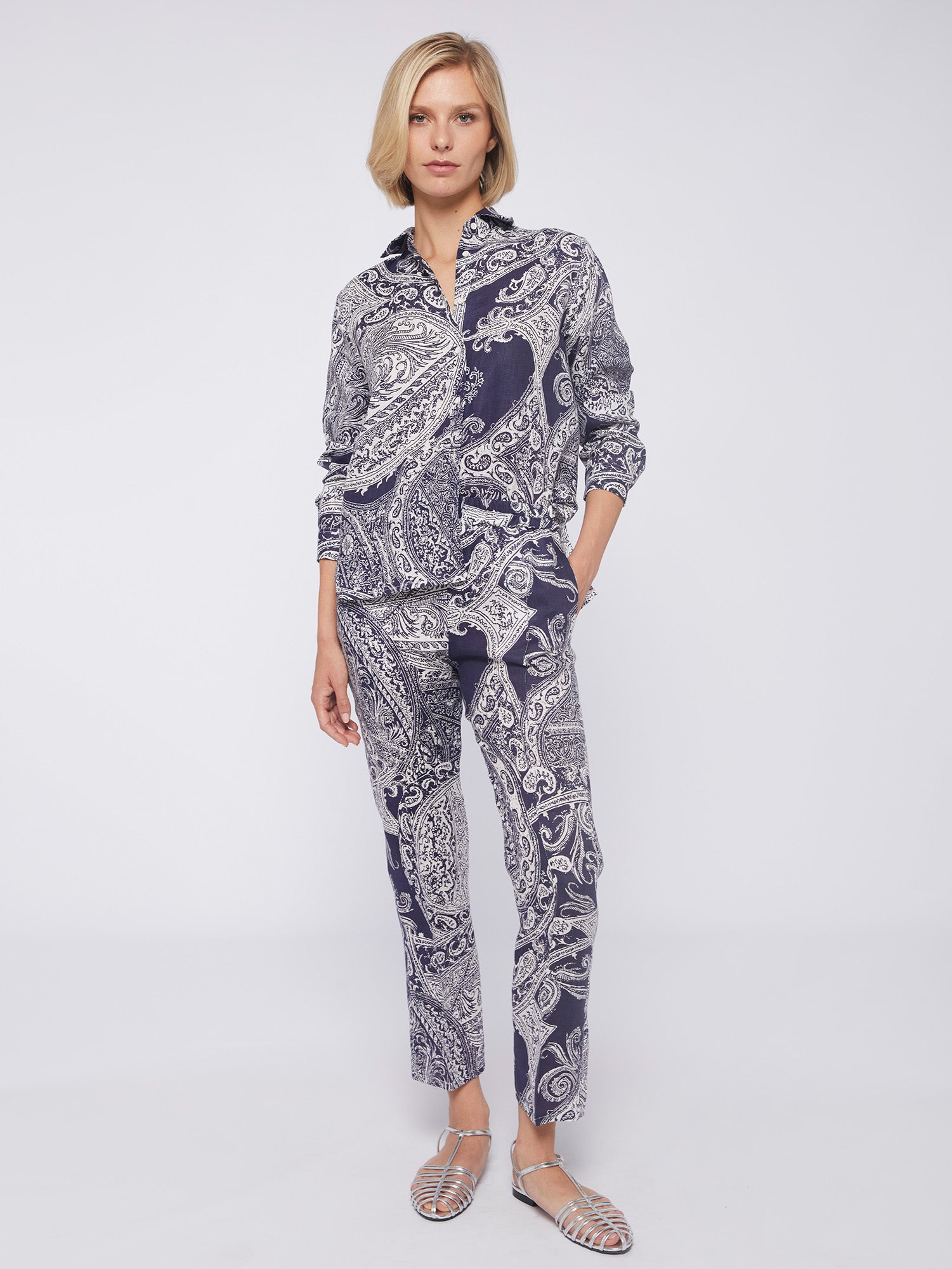 PANTALON CLARISE NAVY PAISLEY LINEN