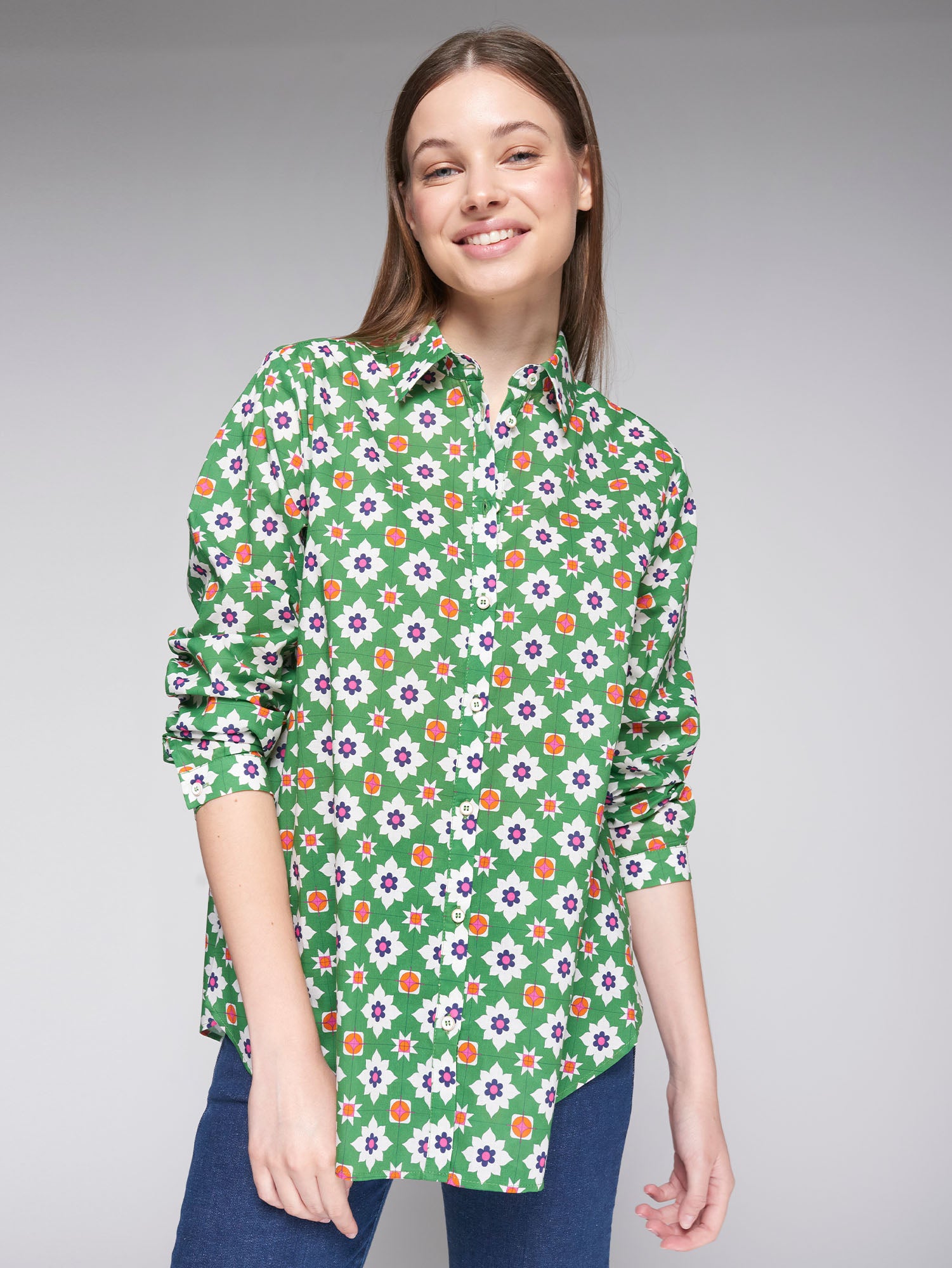CAMISA ANASTASIA GEOMETRICO VERDE ROSA