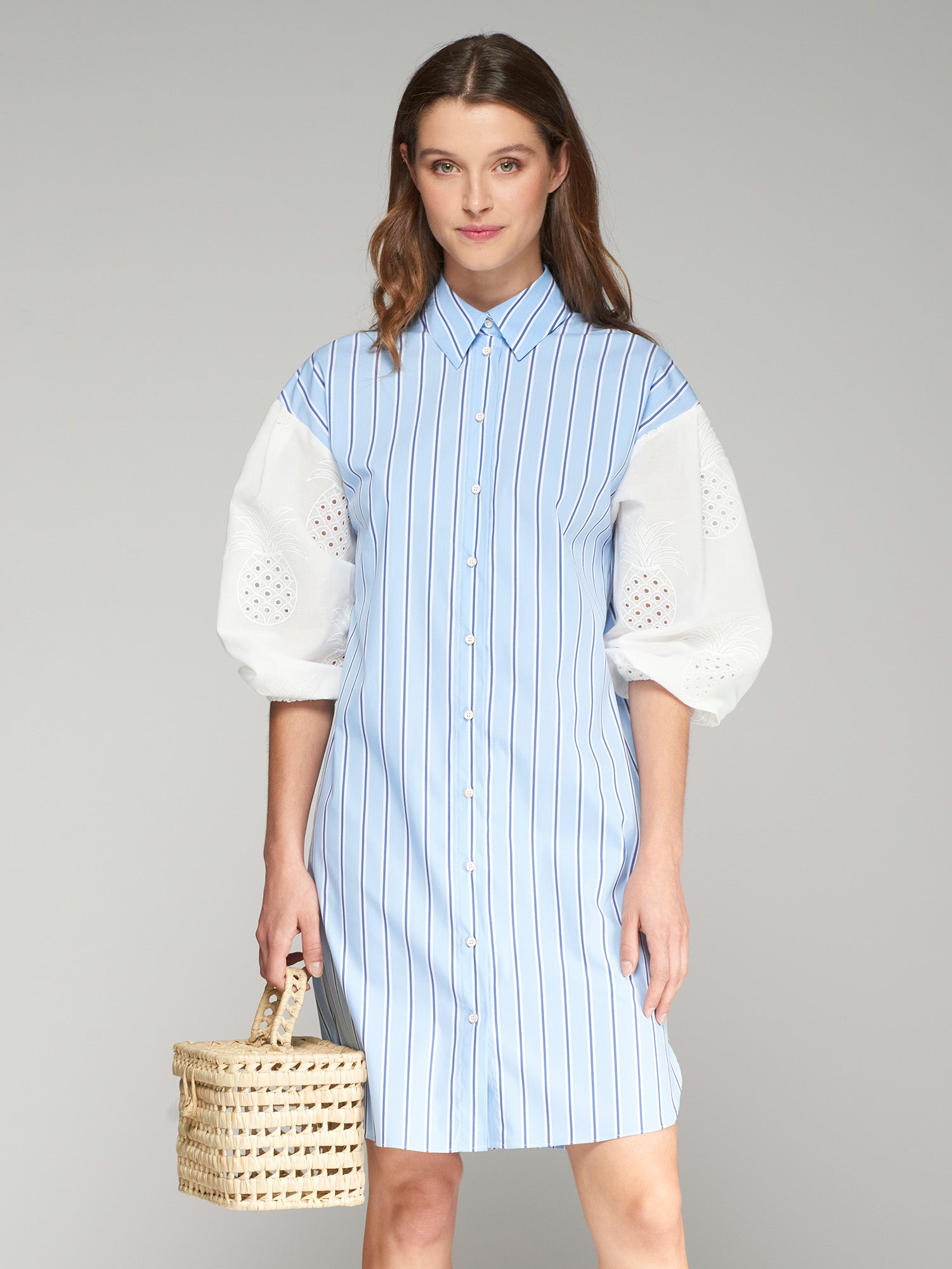 VESTIDO MANGA ABULLONADA PIÑA BORDADA