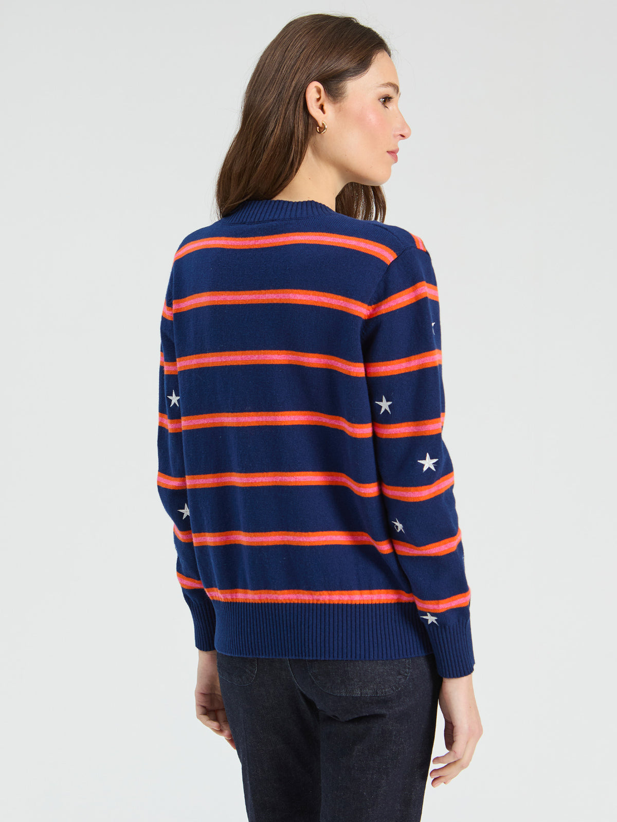 NAVY KNITTED CARDIGAN WITH WHITE STARS AND ORANGE STRIPES
