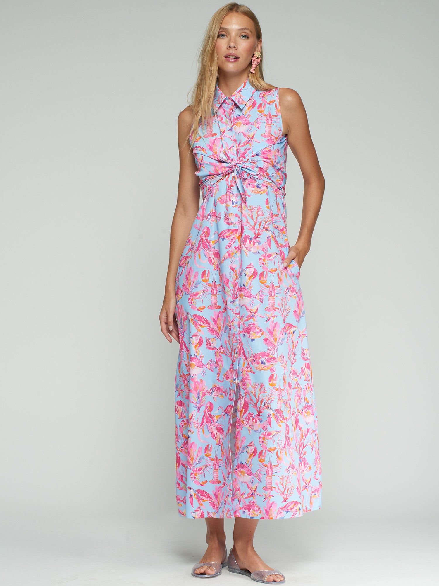 VESTIDO MIDI SIN MANGAS LAZO FONDO DE MAR