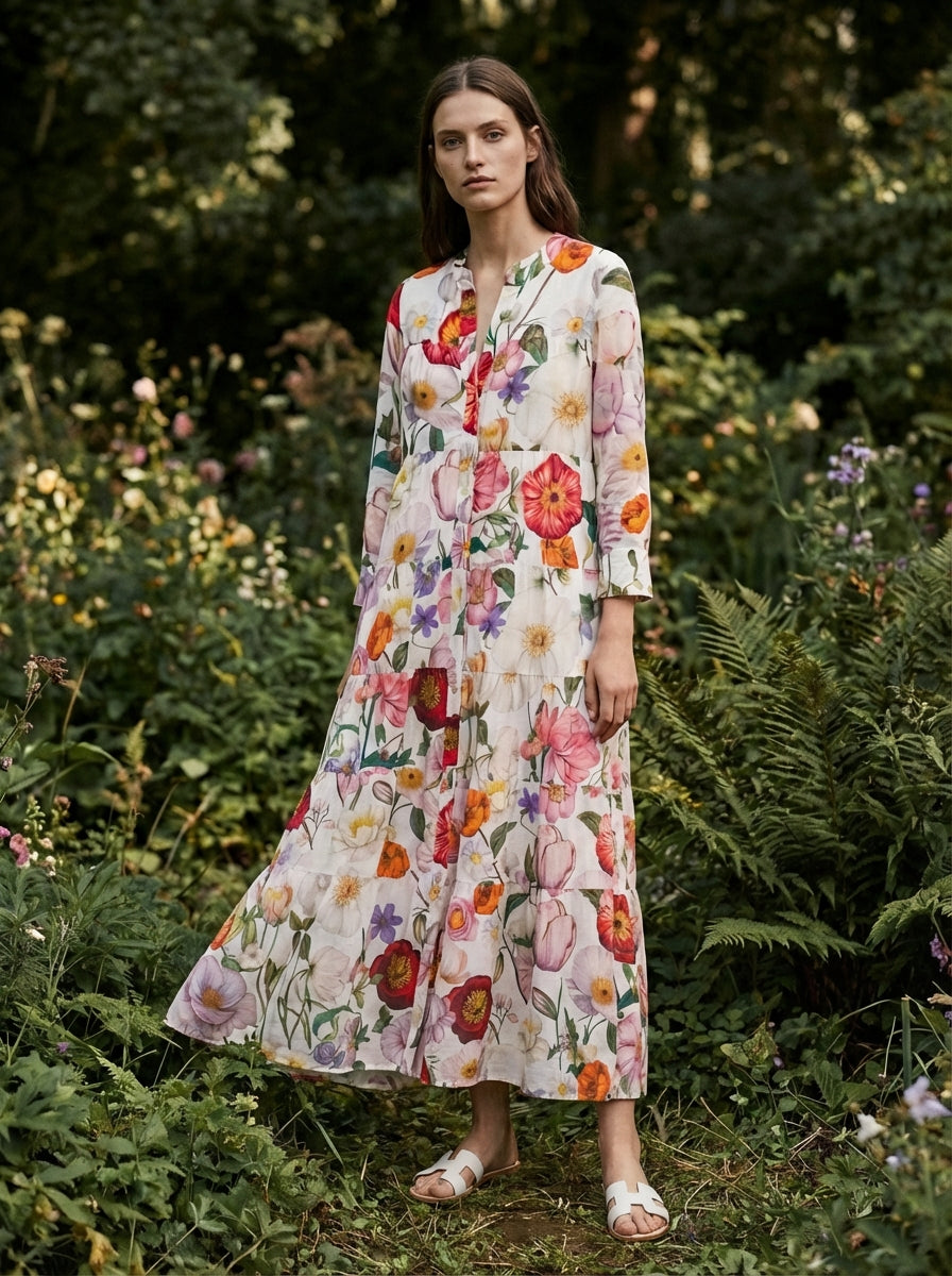 MULTICOLORED FLORAL PRINT LONG DRESS