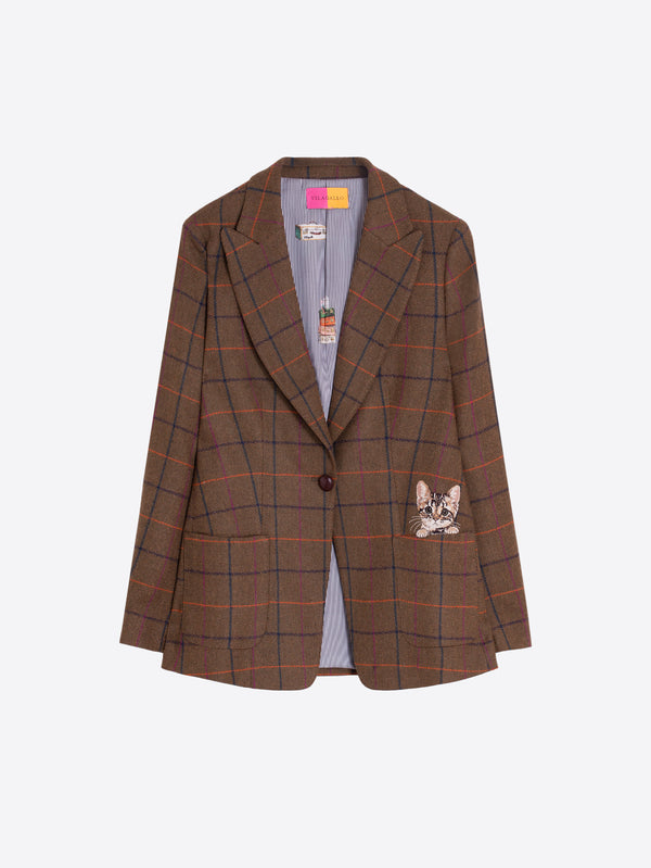 CHAQUETA CUADROS CAMEL BORDADA GATOS