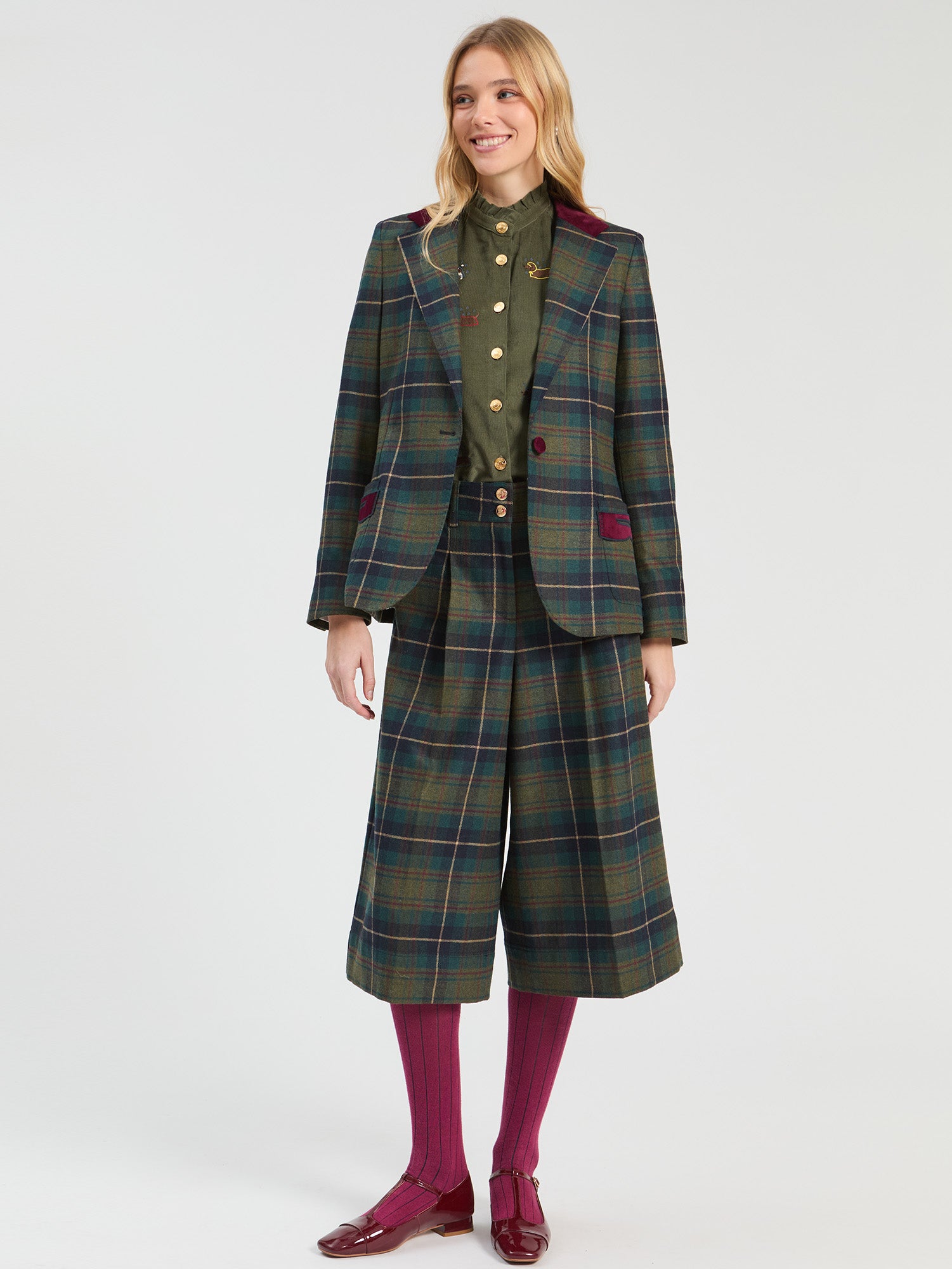GREEN BURGUNDY CHECKED JACKET