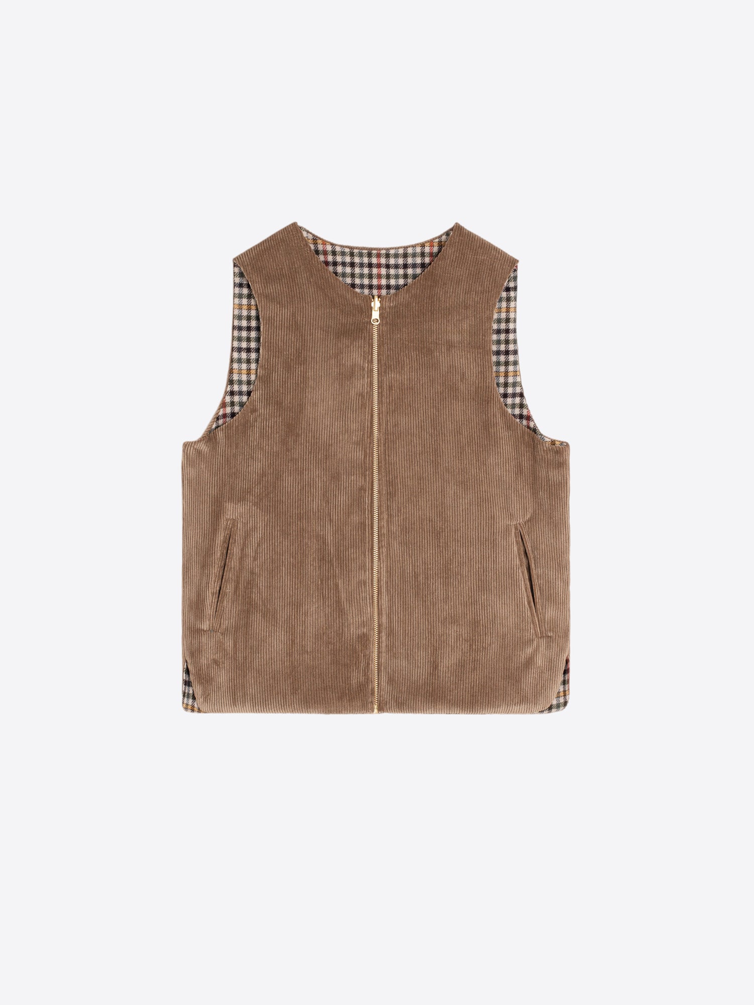 REVERSIBLE CORDUROY VEST CAMEL AND PLAID
