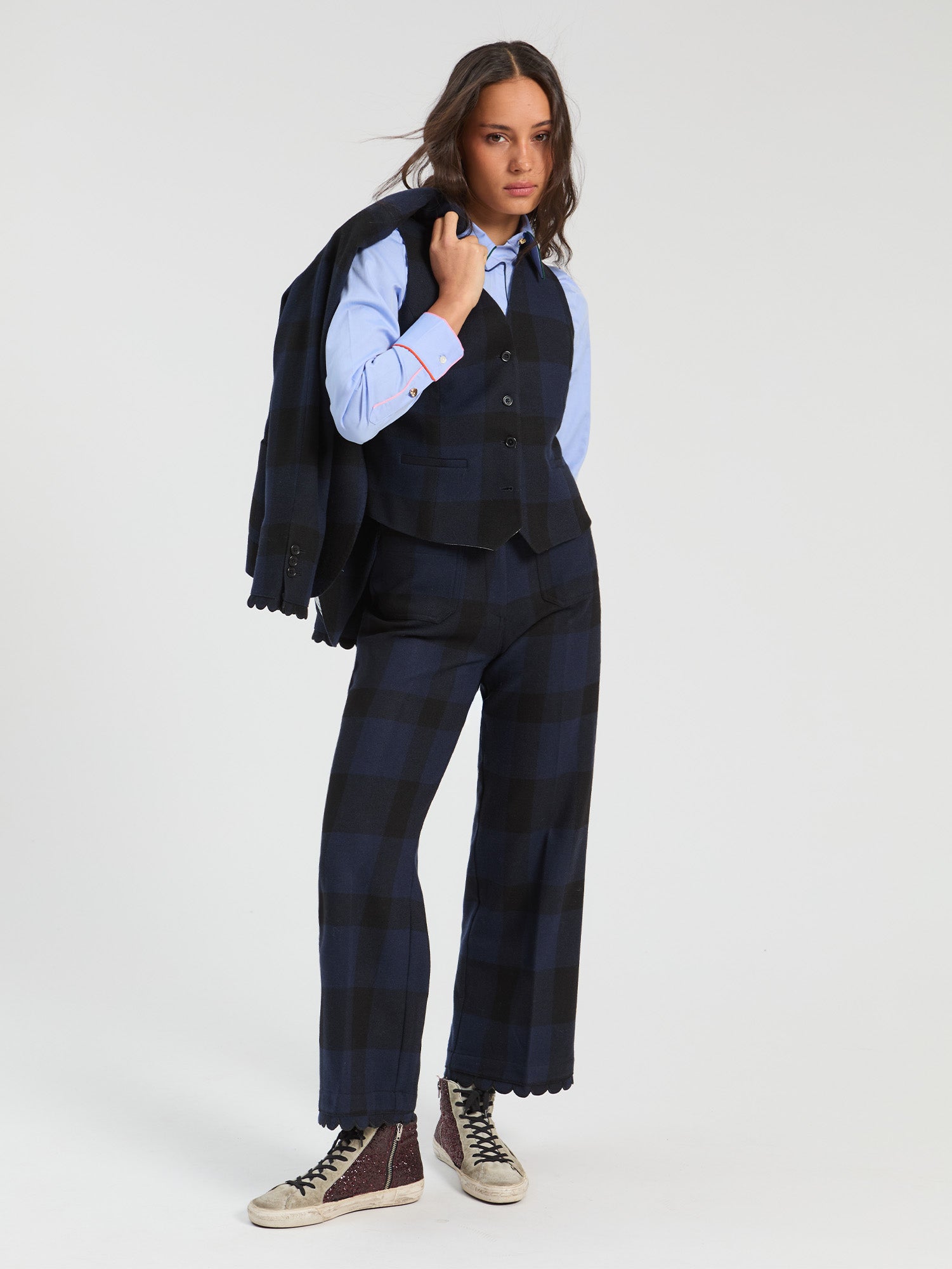 NAVY BLACK GINGHAM TROUSERS