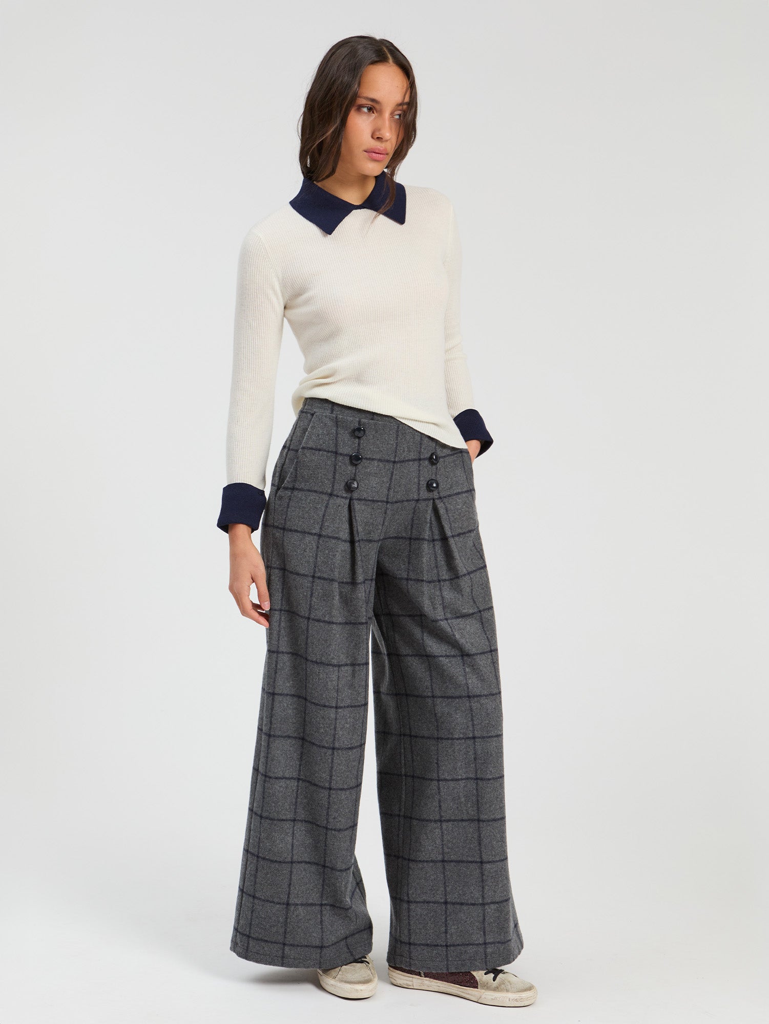 NAVY GREY CHECK TROUSERS