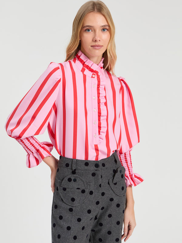 CAMISA DE RAYAS ROJO Y ROSA VOLANTES