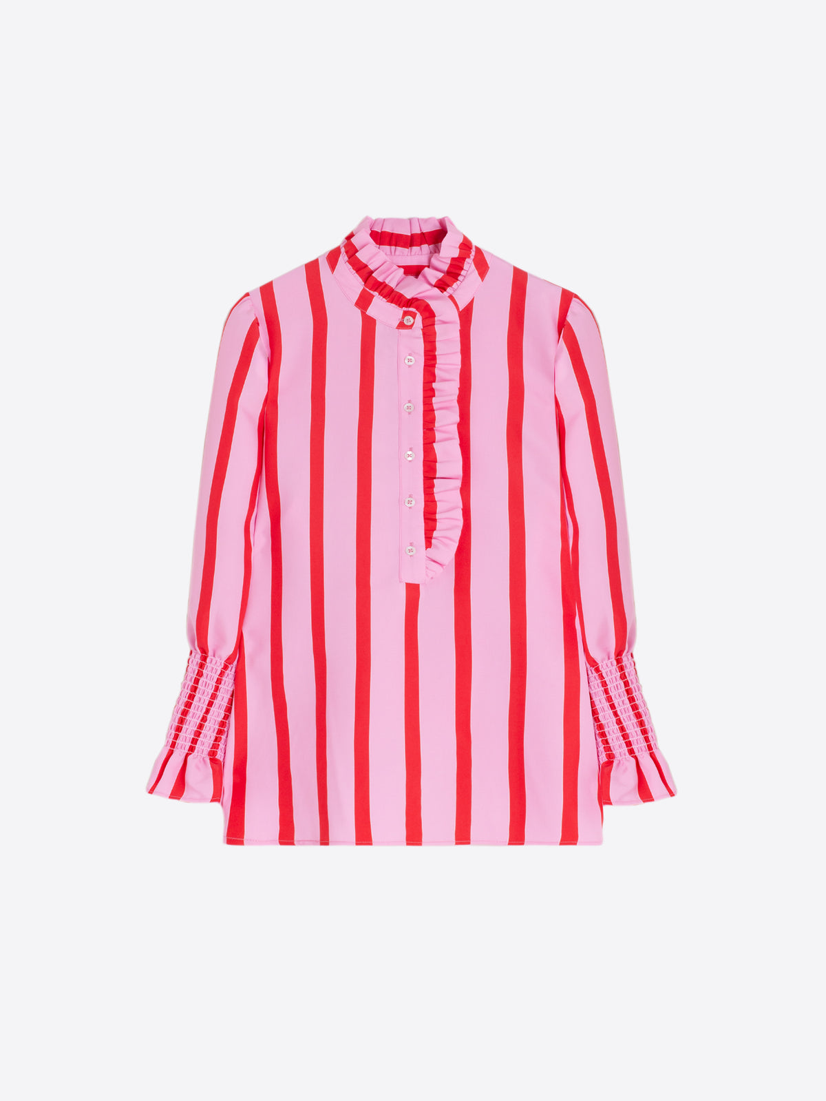 CAMISA DE RAYAS ROJO Y ROSA VOLANTES