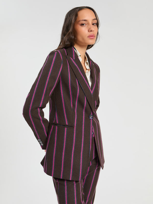 CHAQUETA LANA RAYAS MARRON DETALLES ROSA