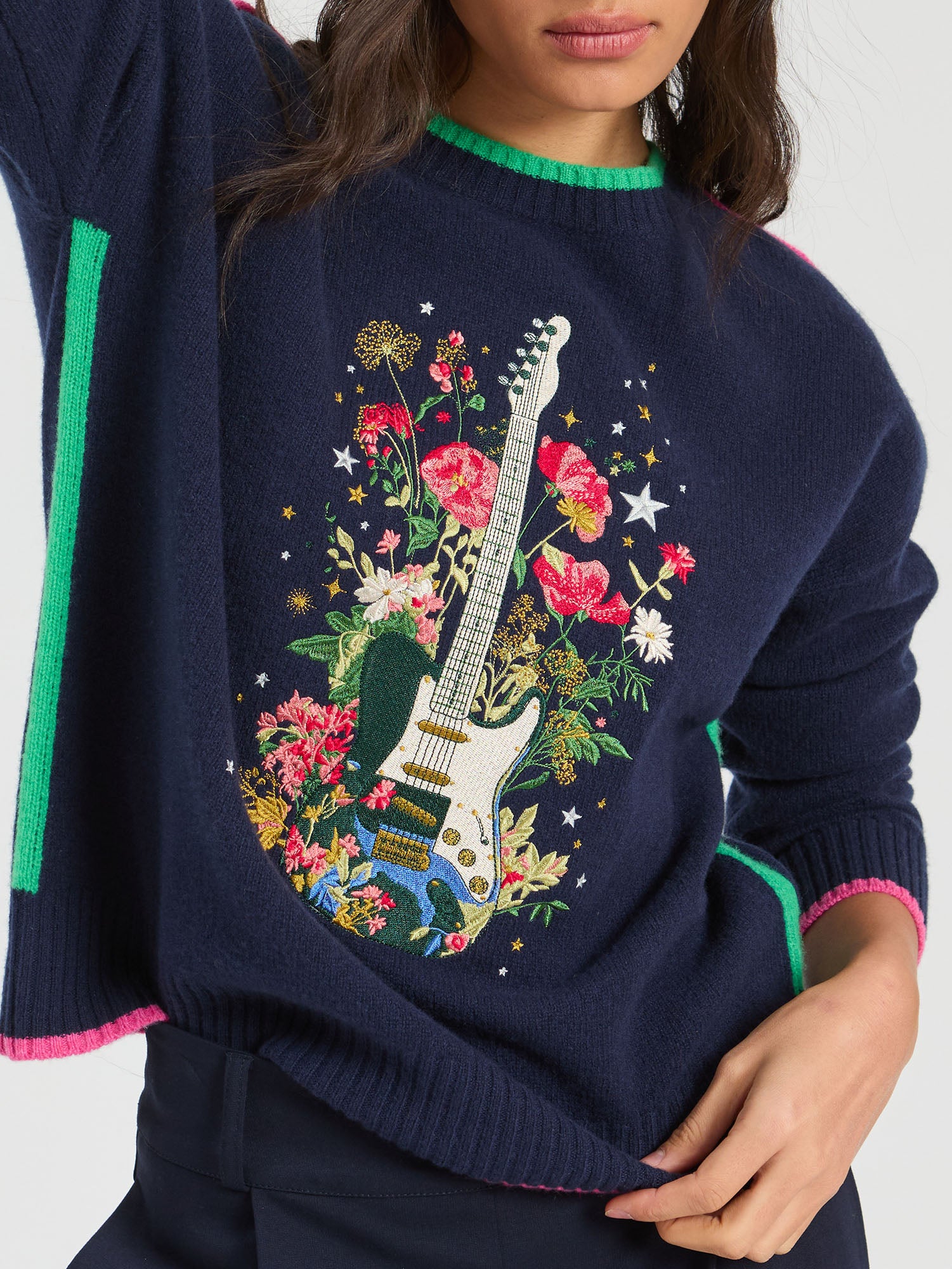 NAVY EMBROIDERED GUITAR JUMPER