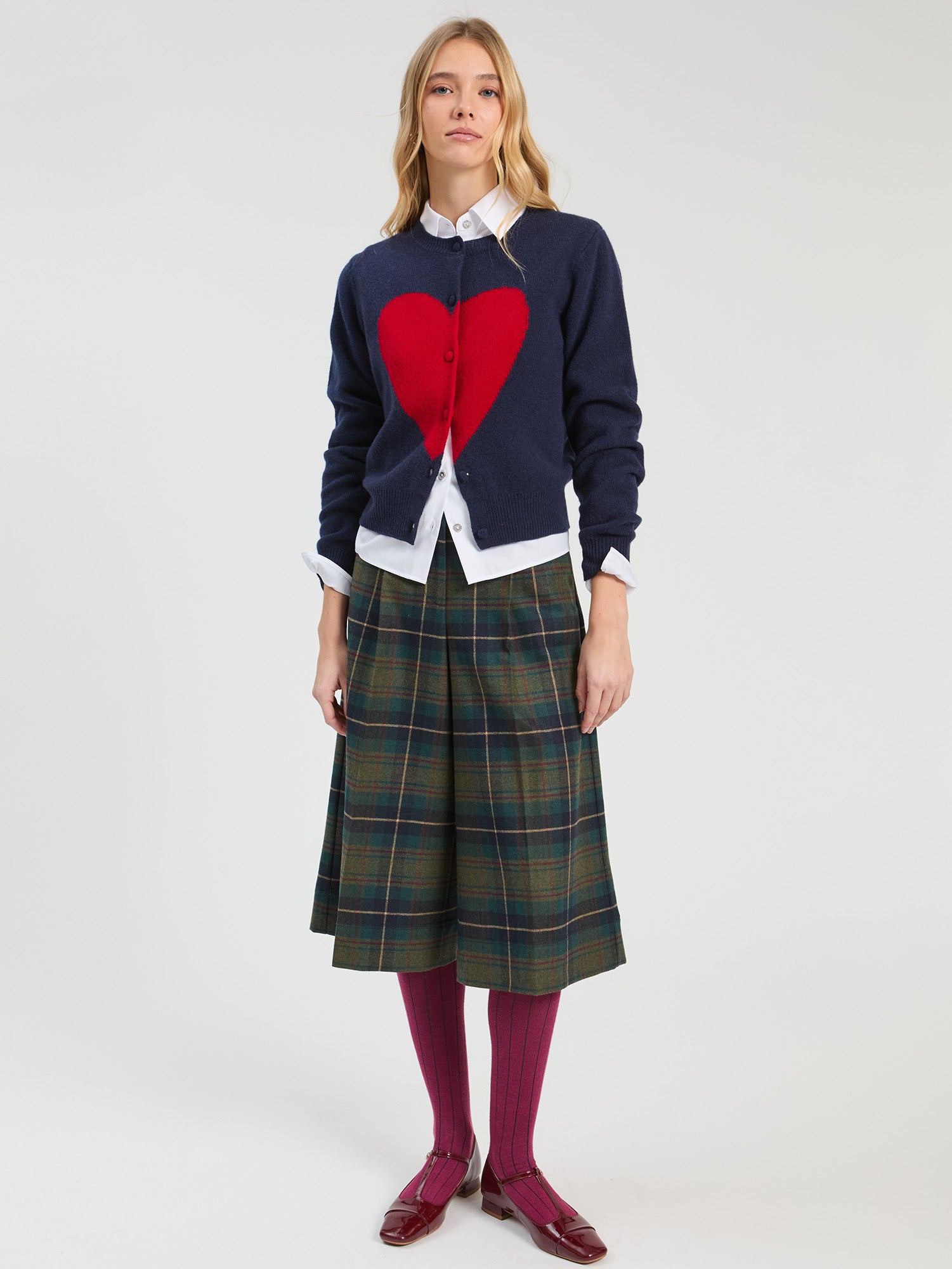 NAVY RED HEART INTARSIA CARDIGAN