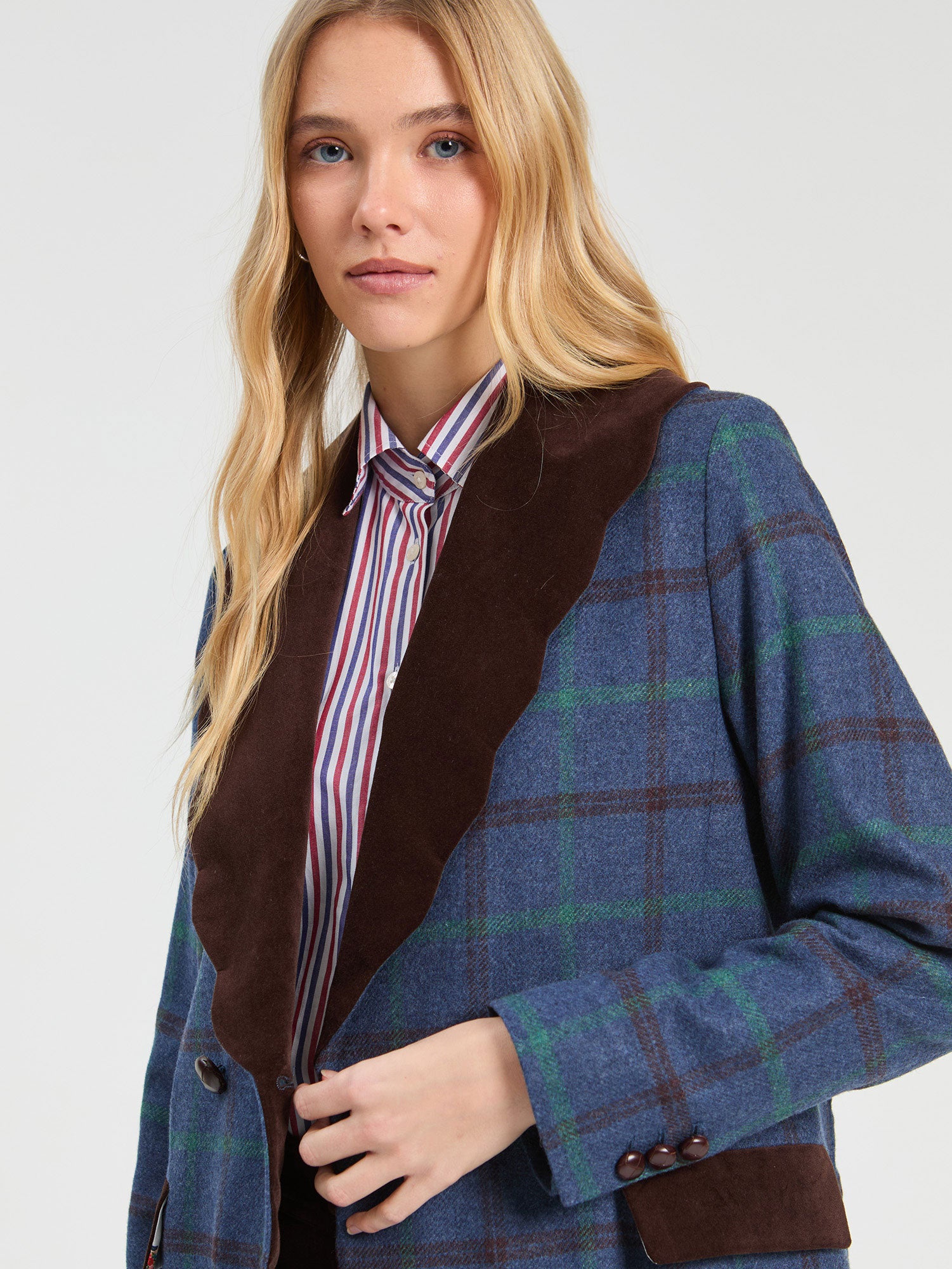 PLAID COAT WITH BLUE AND GREEN RICKRACK