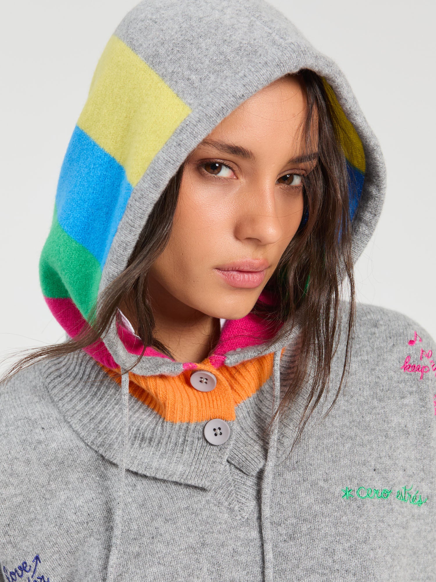 GREY HOOD MULTICOLOR STRIPES KNIT
