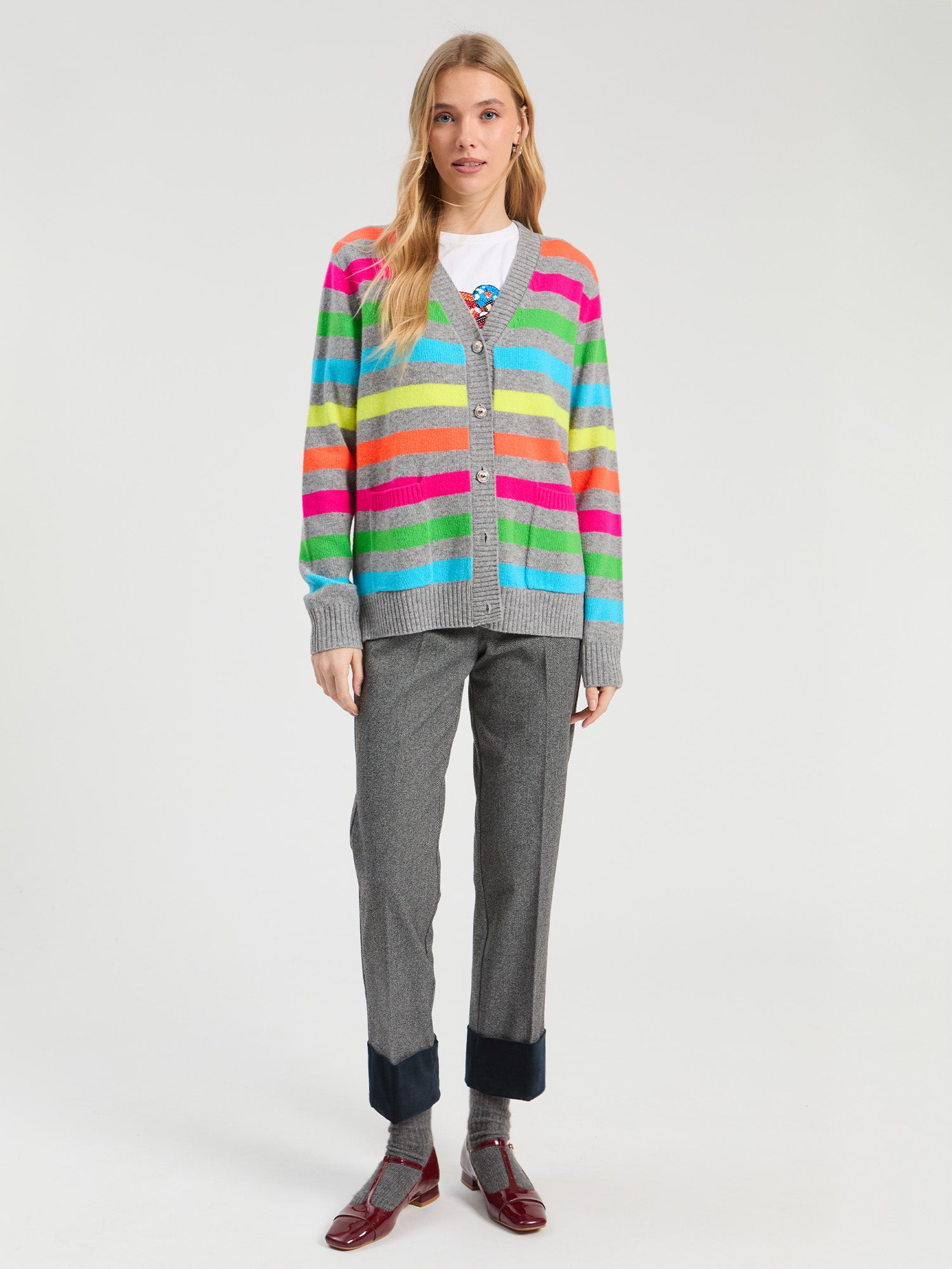 GRAY MULTICOLOR STRIPED CARDIGAN