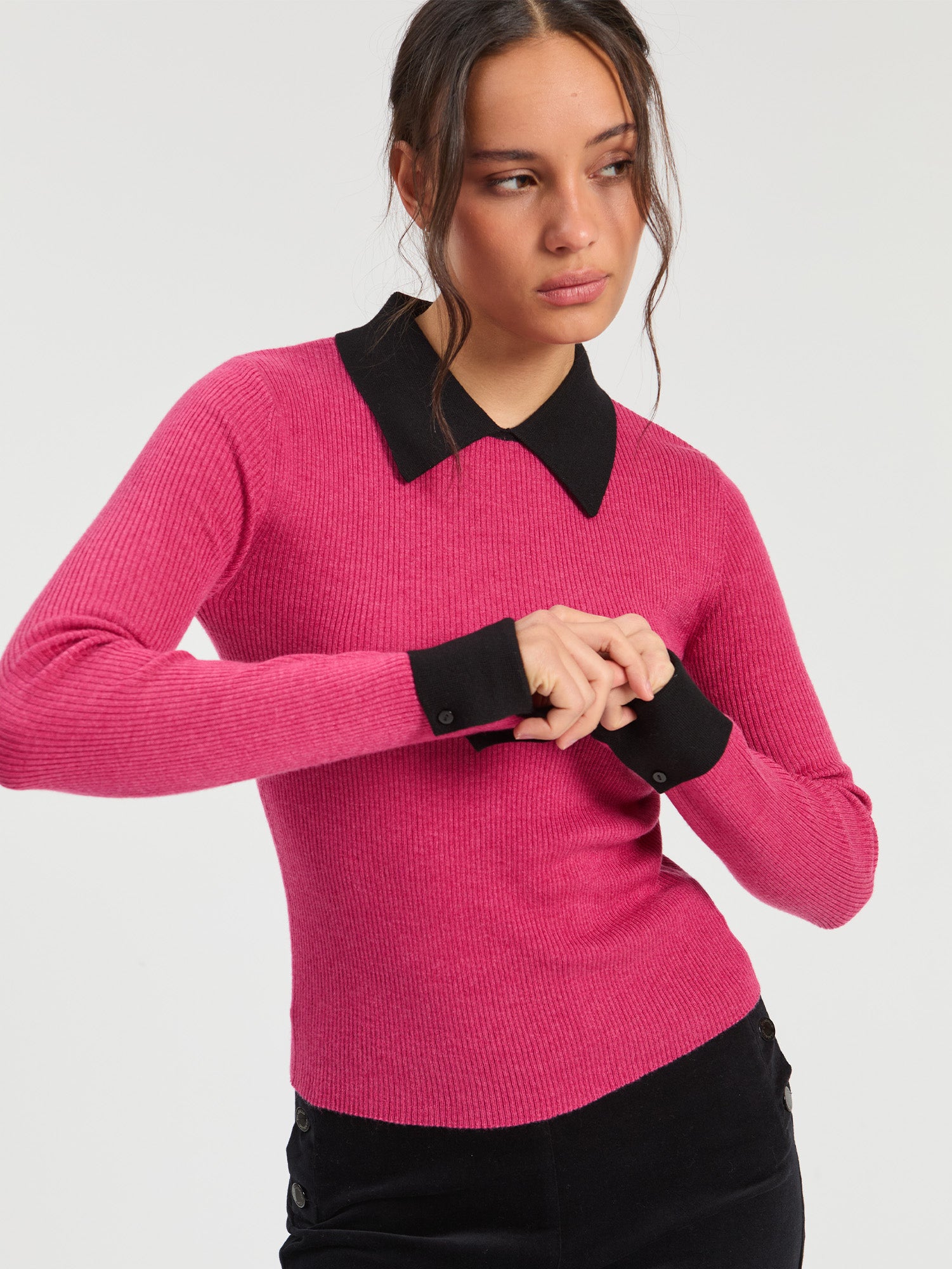 FUCHSIA RIBBED JERSEY BLACK NECK