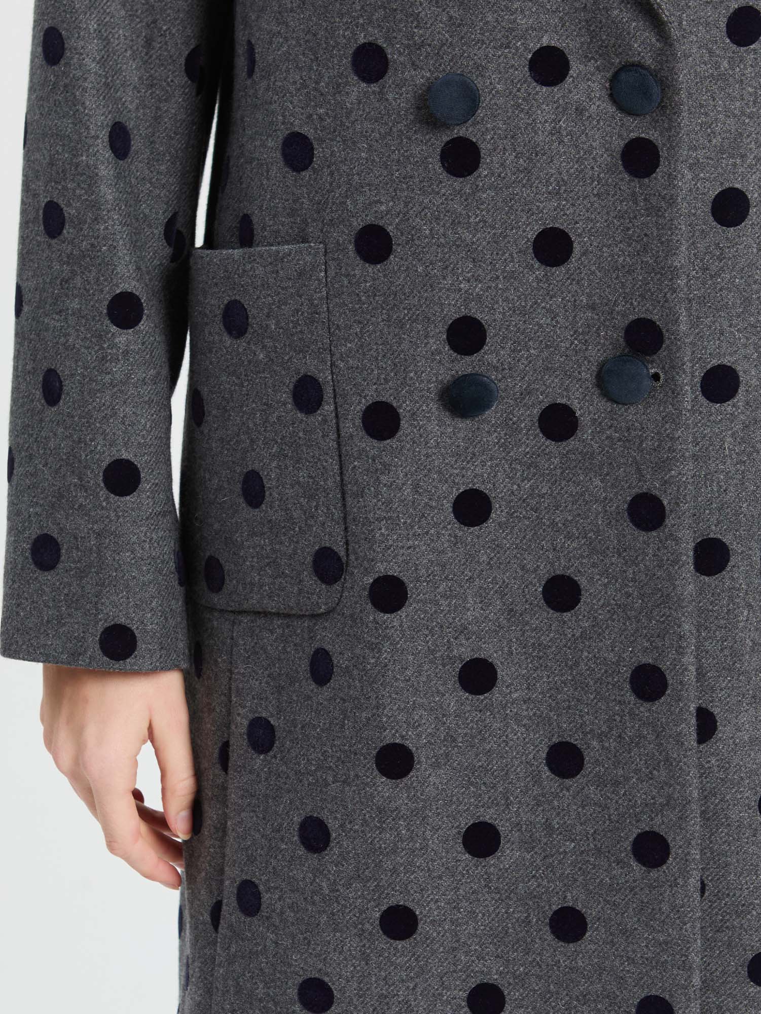 GRAY COAT WITH BLACK FLOCKED POLKA DOTS