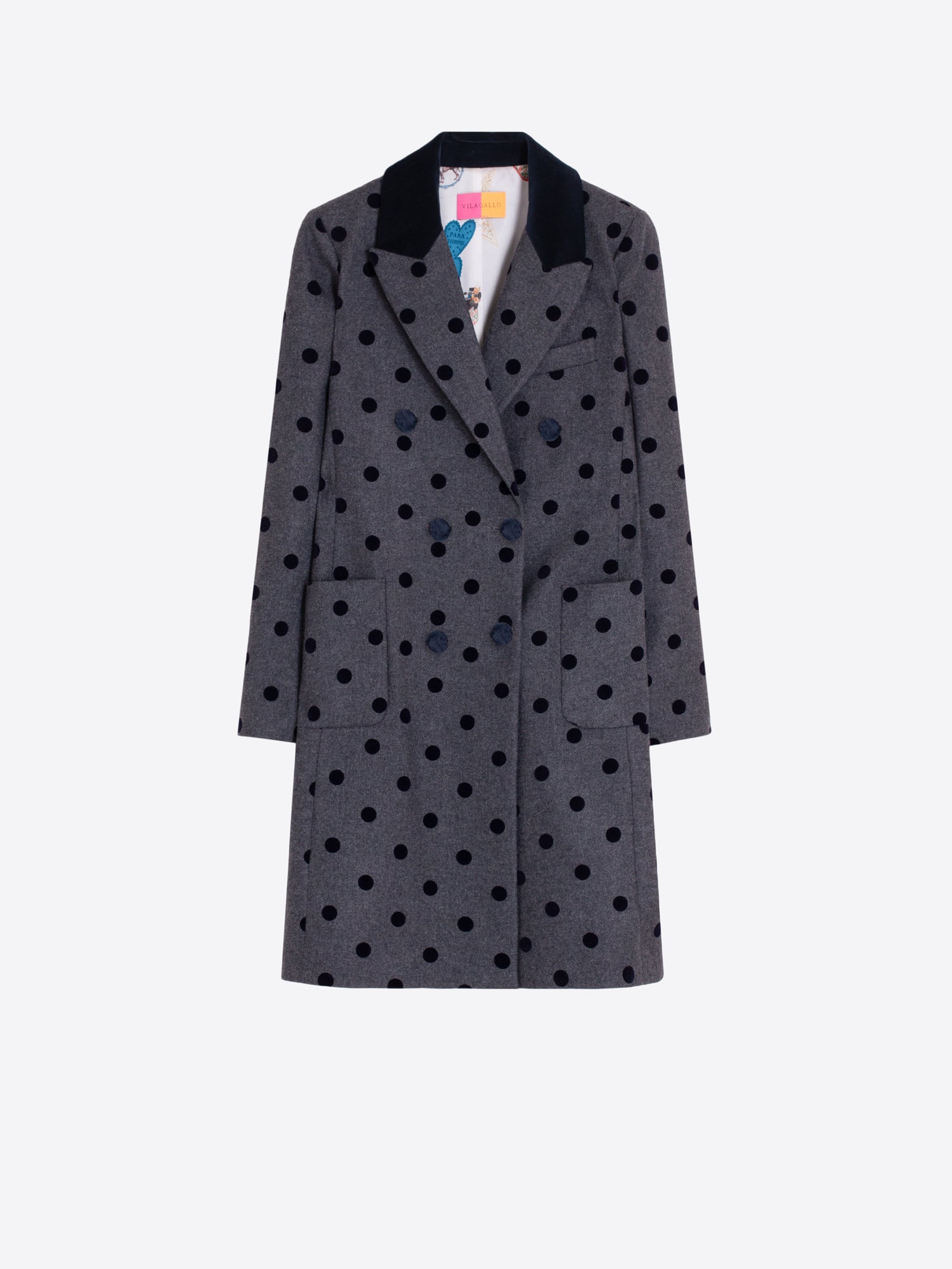 GRAY COAT WITH BLACK FLOCKED POLKA DOTS