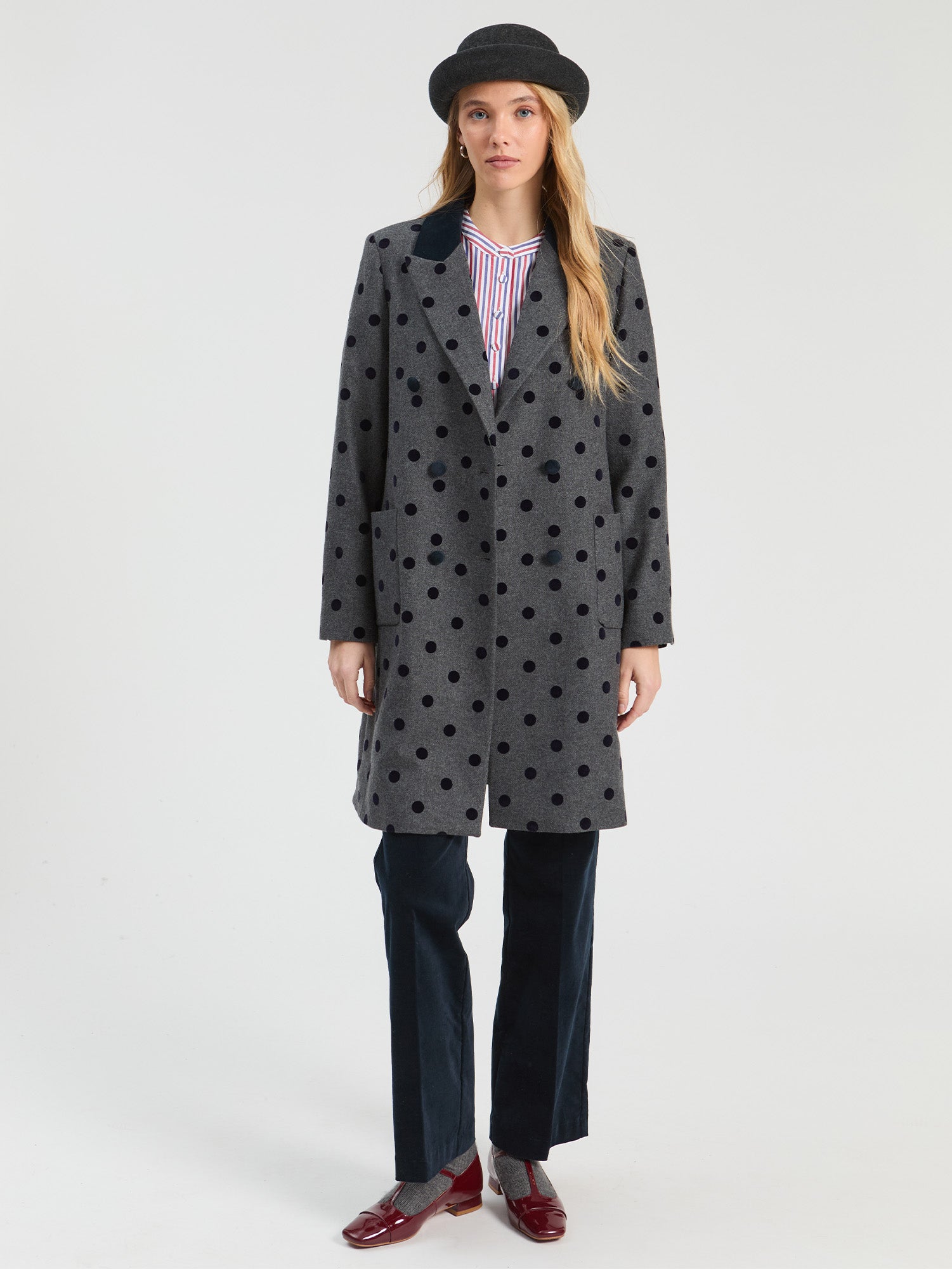 GRAY COAT WITH BLACK FLOCKED POLKA DOTS