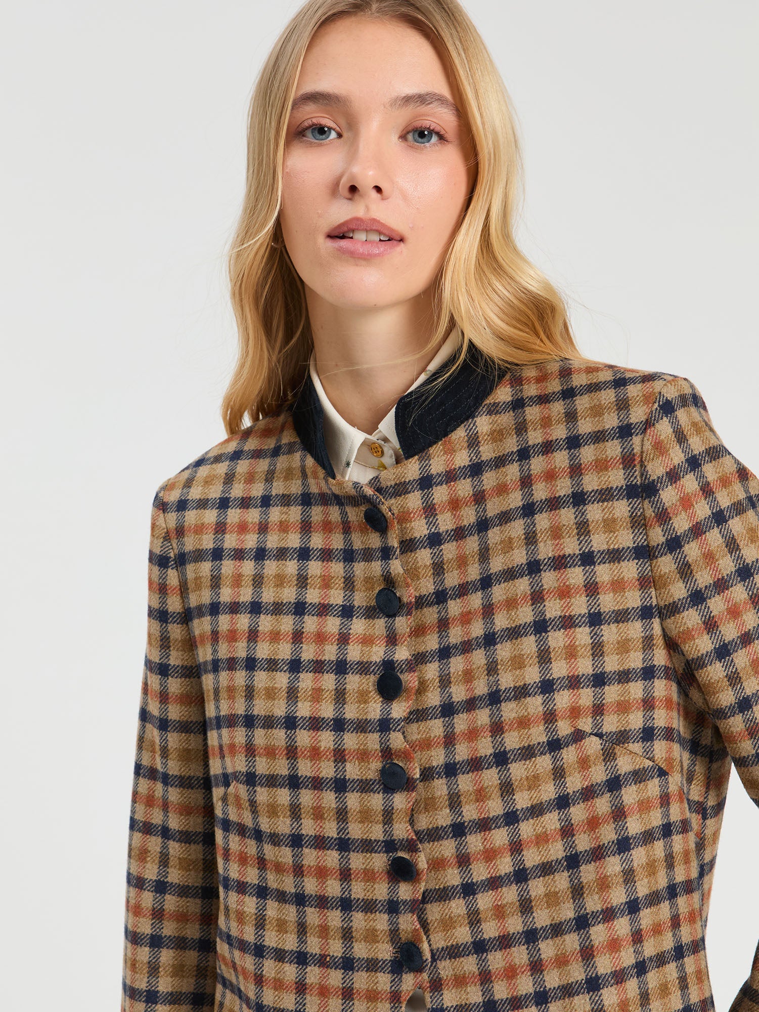 LONG PLAID COAT IN TILE AND NAVY