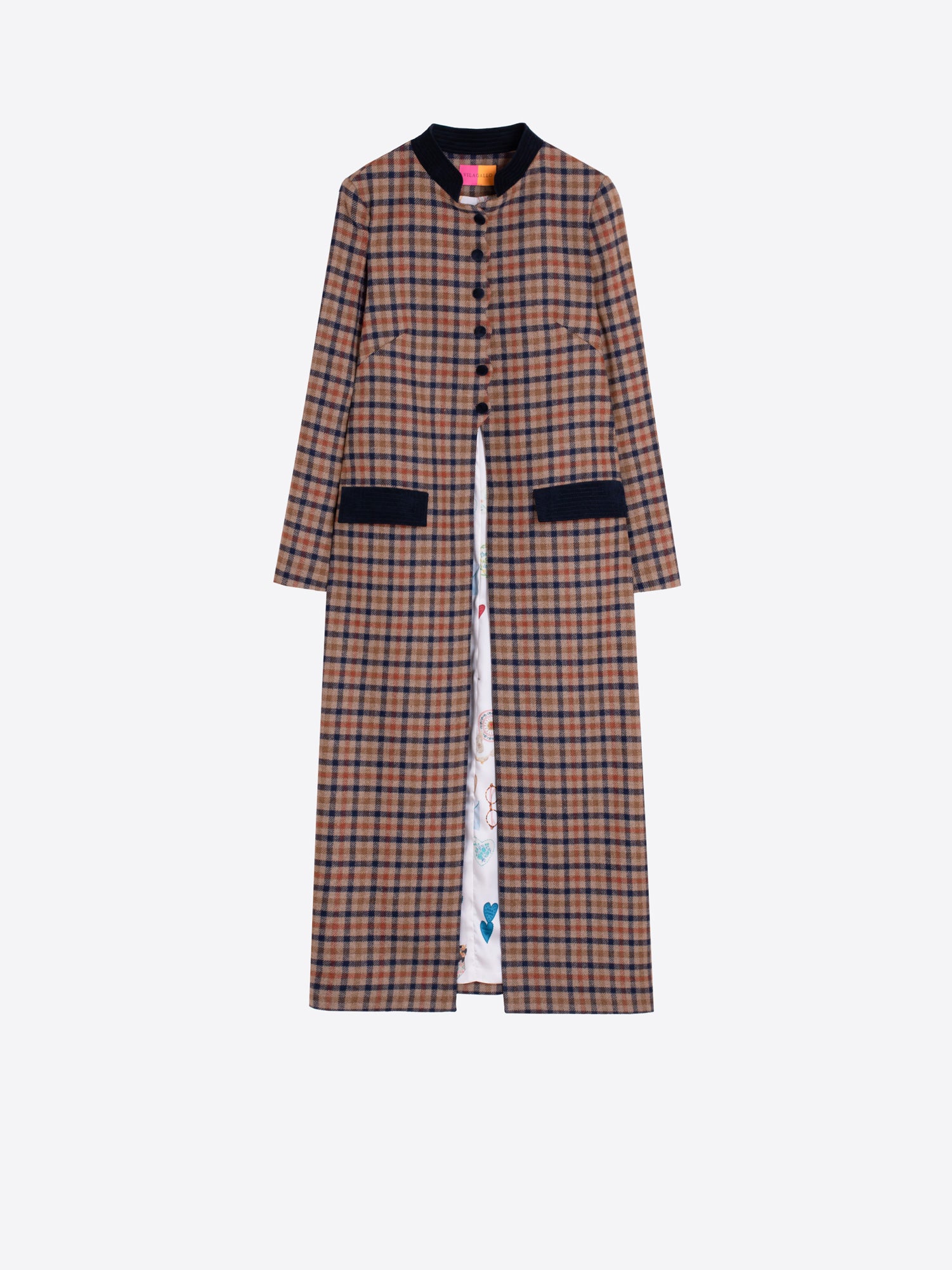 LONG PLAID COAT IN TILE AND NAVY