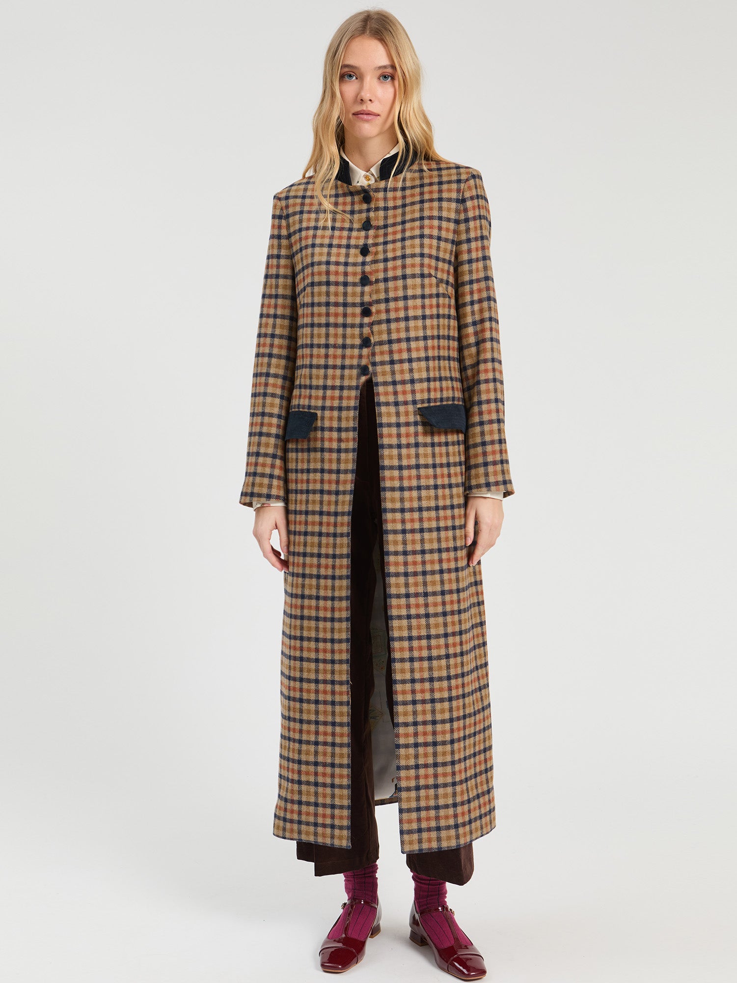 LONG PLAID COAT IN TILE AND NAVY