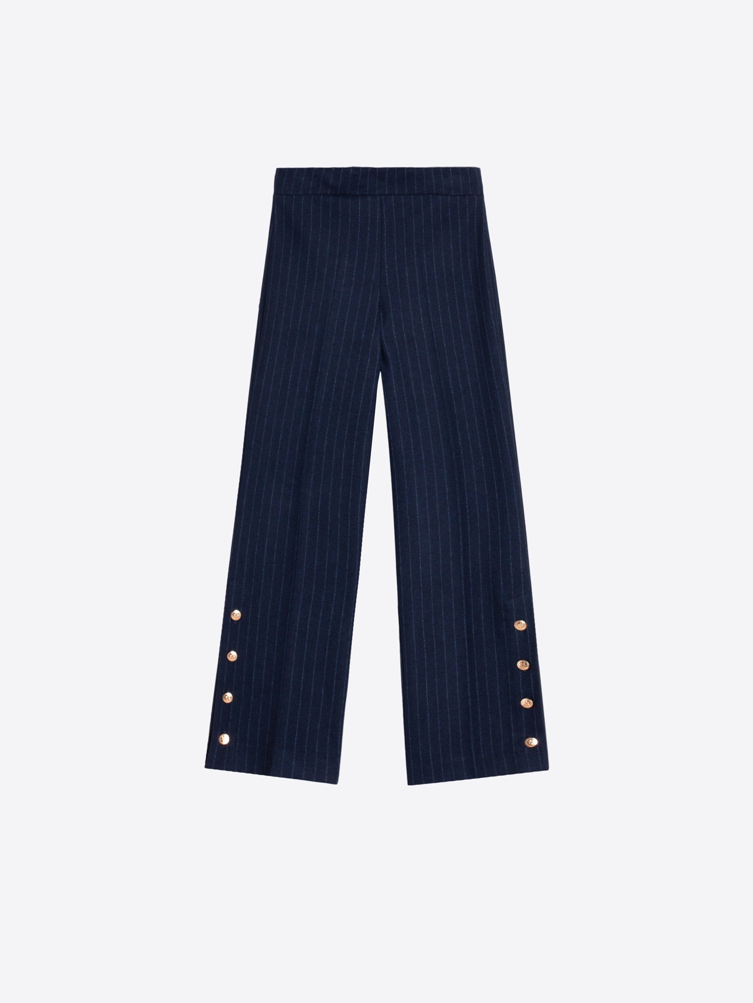 NAVY PINSTRIPE TROUSERS WITH SIDE BUTTONS