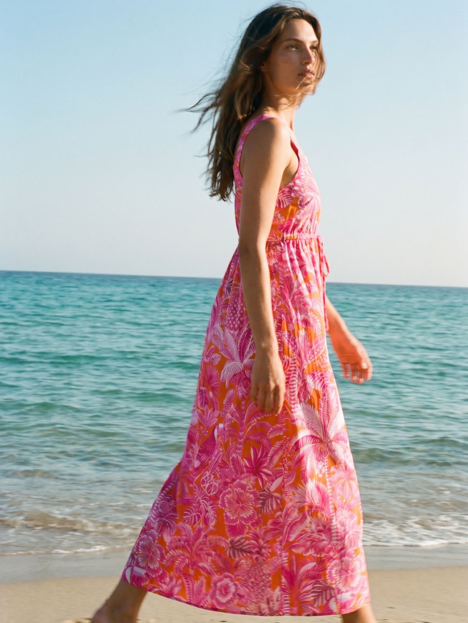 VESTIDO LARGO TROPICAL NARANJA Y ROSA