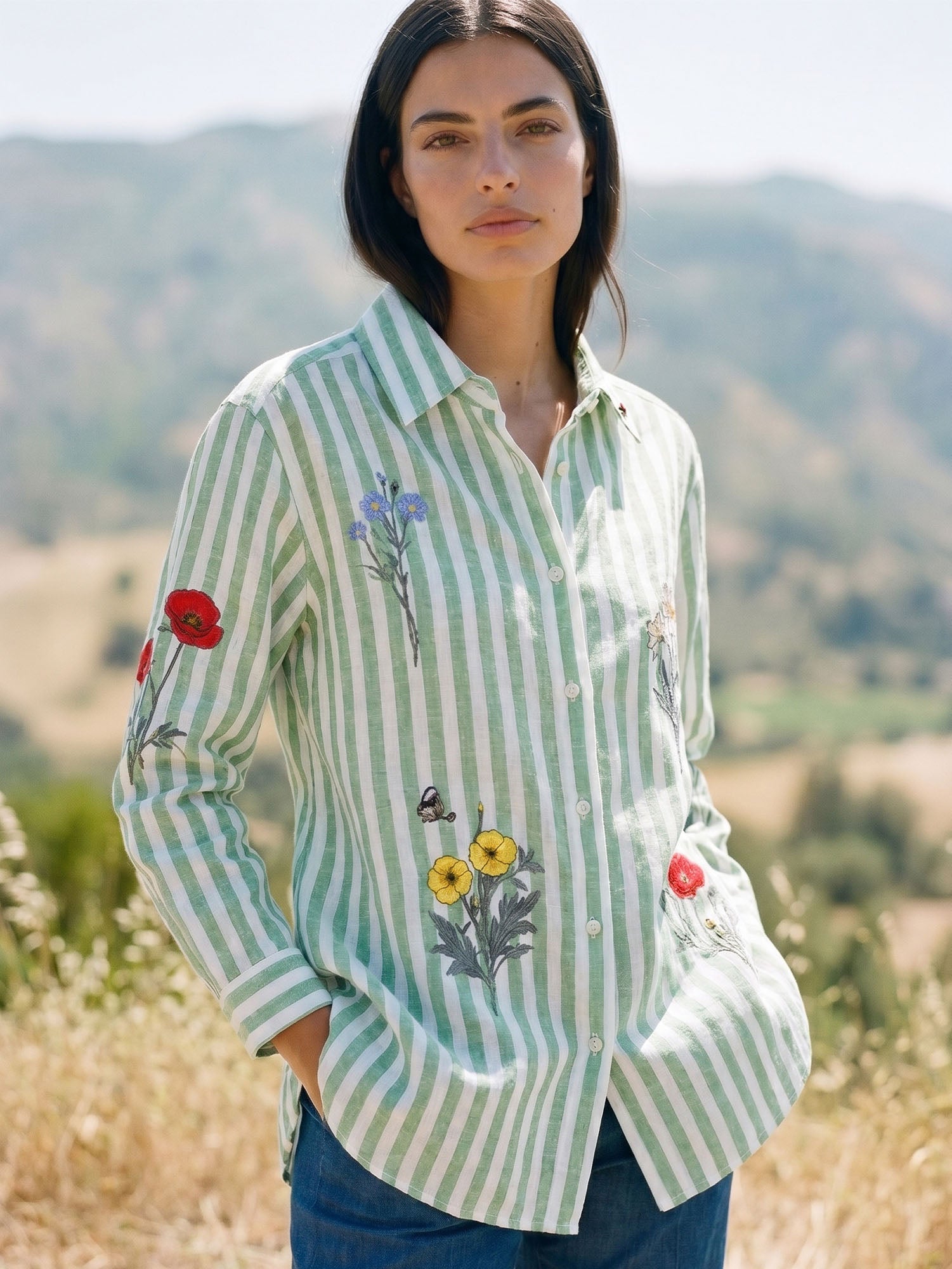 CAMISA RAYAS VERDE BORDADO FLORAL