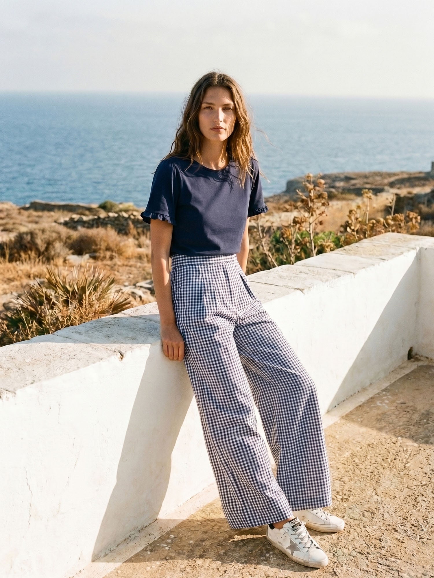 PANTALÓN VICHY AZUL PIERNA ANCHA