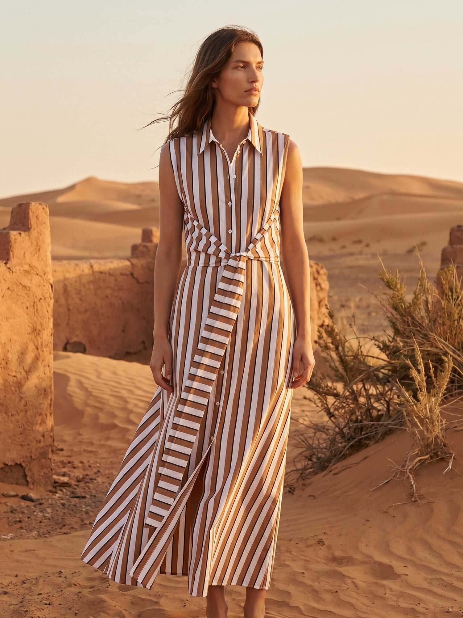 VESTIDO MIDI SIN MANGAS LAZO RAYA CAMEL