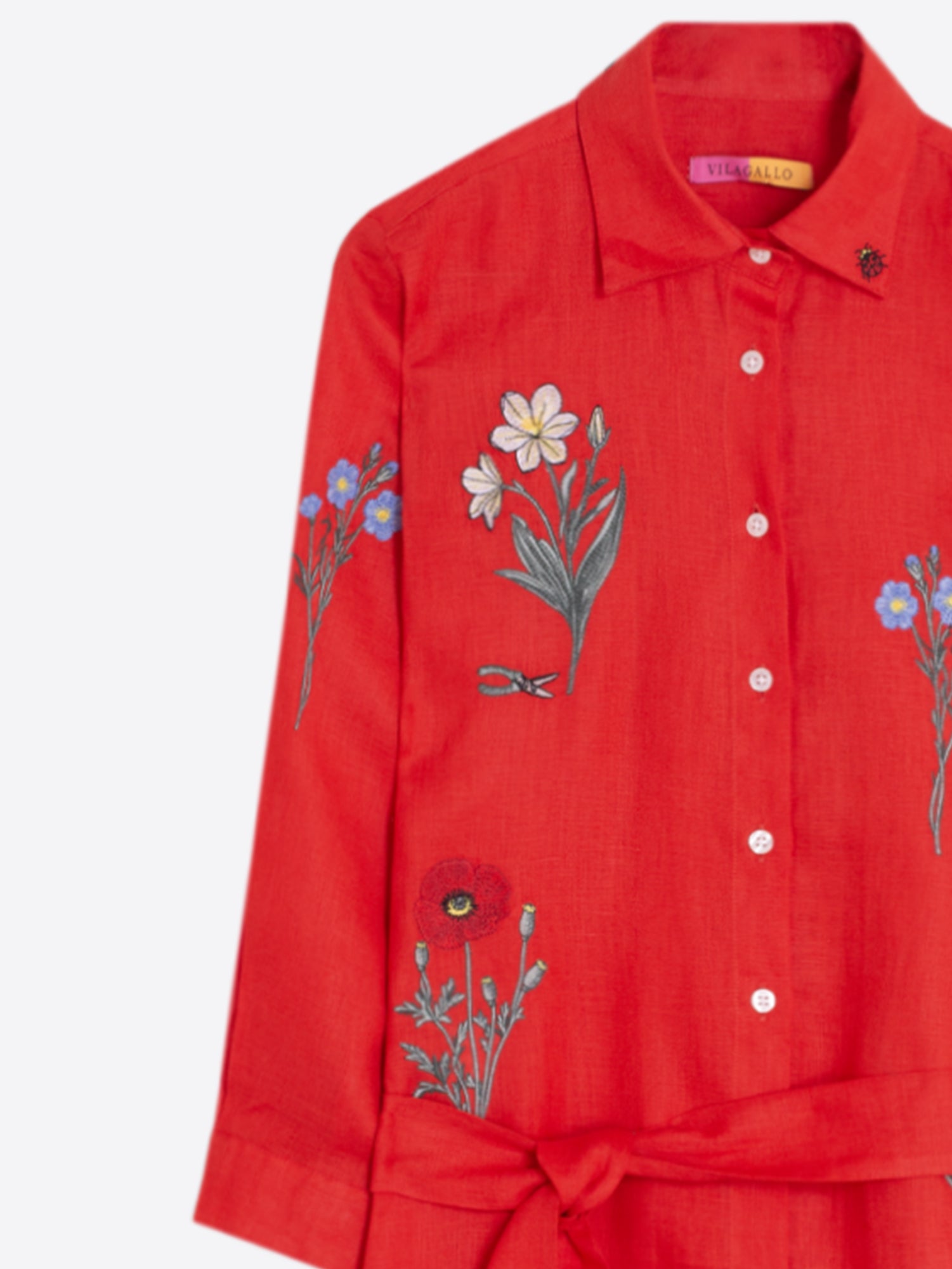 VESTIDO CAMISERO ROJO BORDADO FLORAL