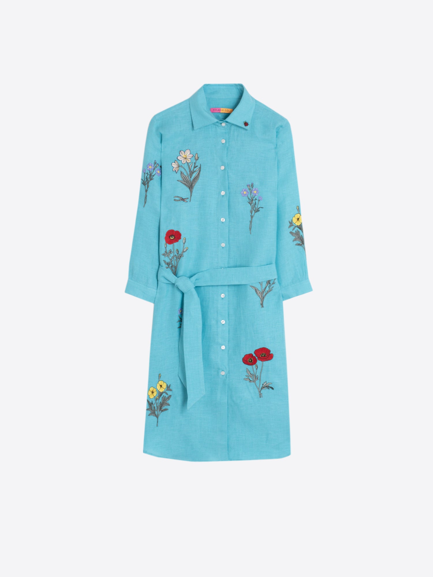 VESTIDO CAMISERO TURQUESA BORDADO FLORAL