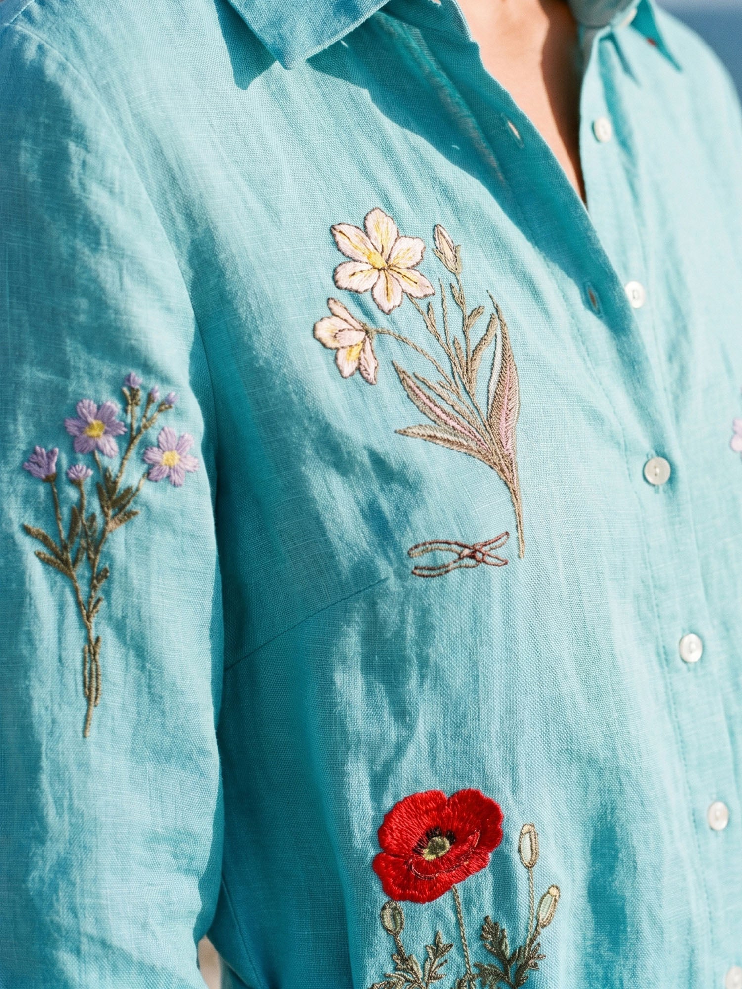 VESTIDO CAMISERO TURQUESA BORDADO FLORAL