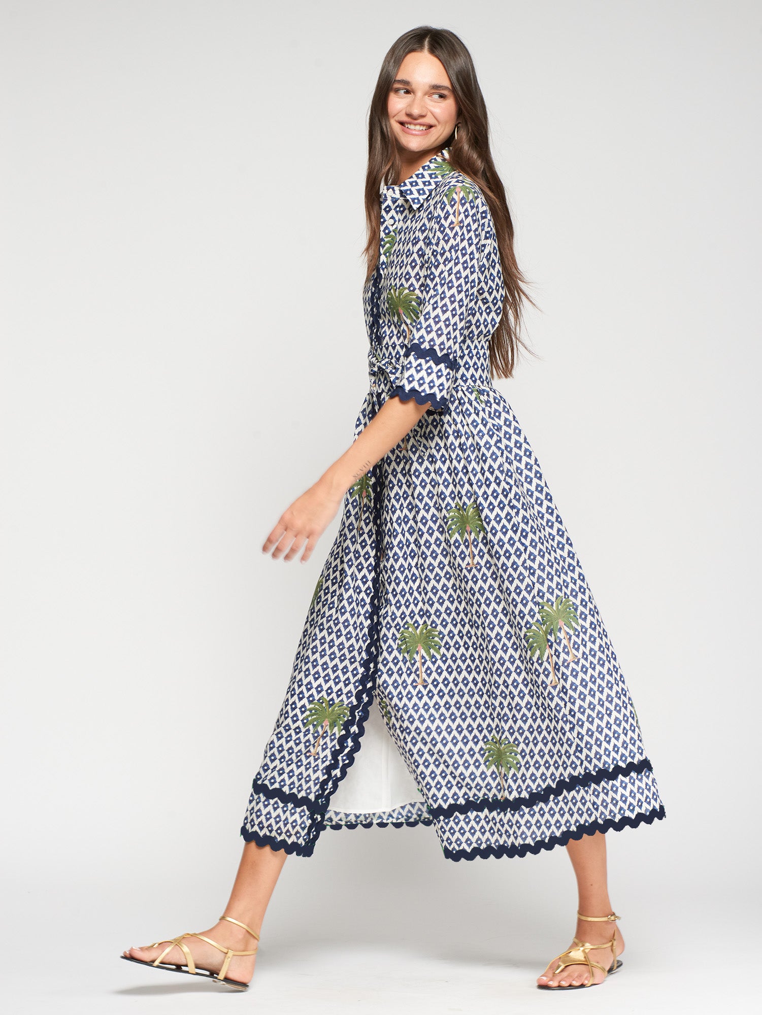 VESTIDO ESTAMPADO PALMERAS RIBETE MARINO