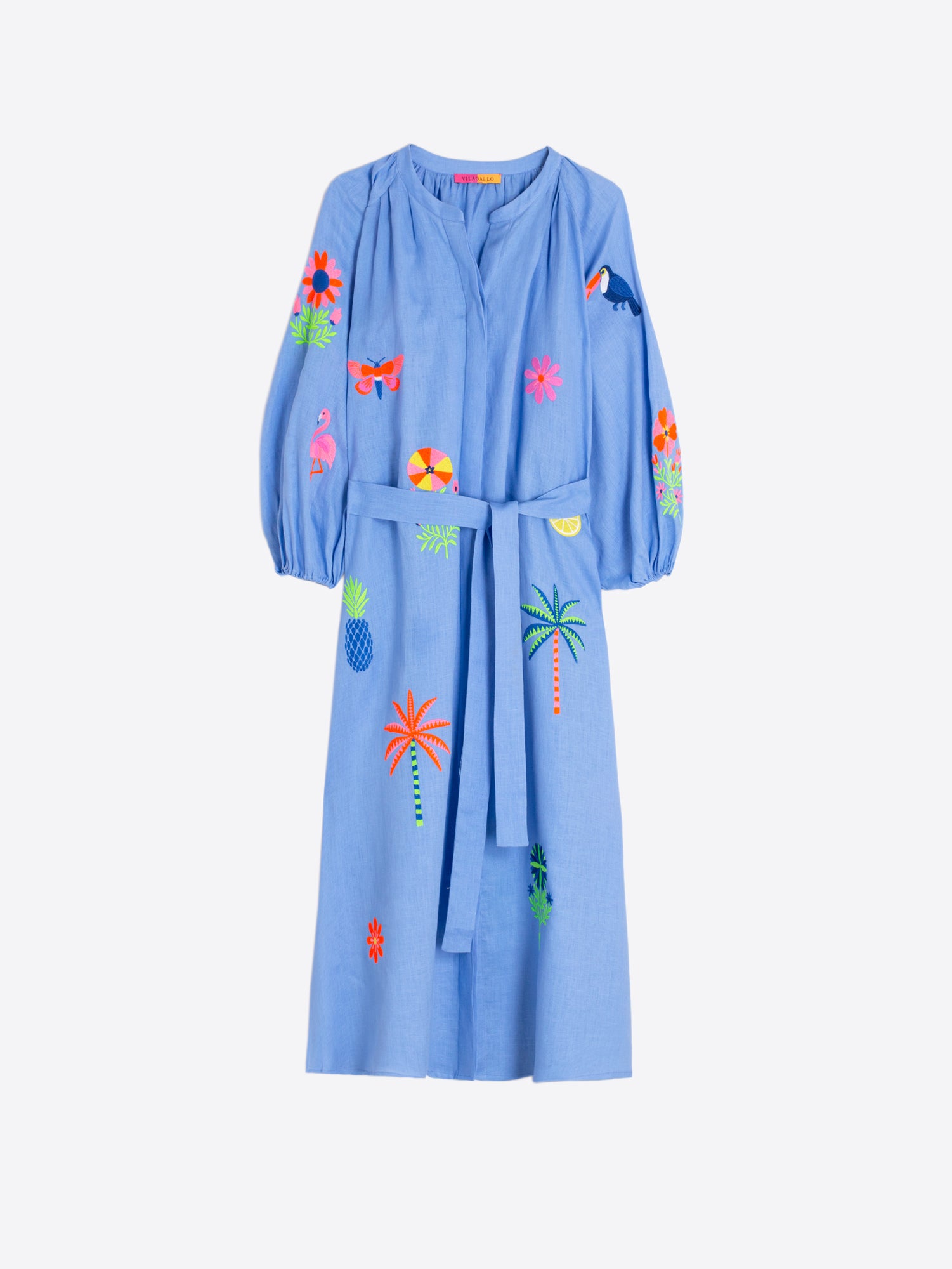 VESTIDO AZUL BORDADOS TROPICALES
