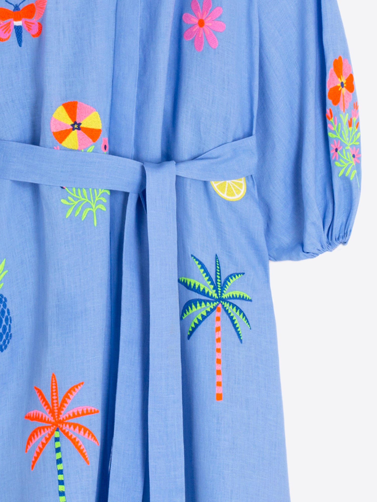 VESTIDO AZUL BORDADOS TROPICALES