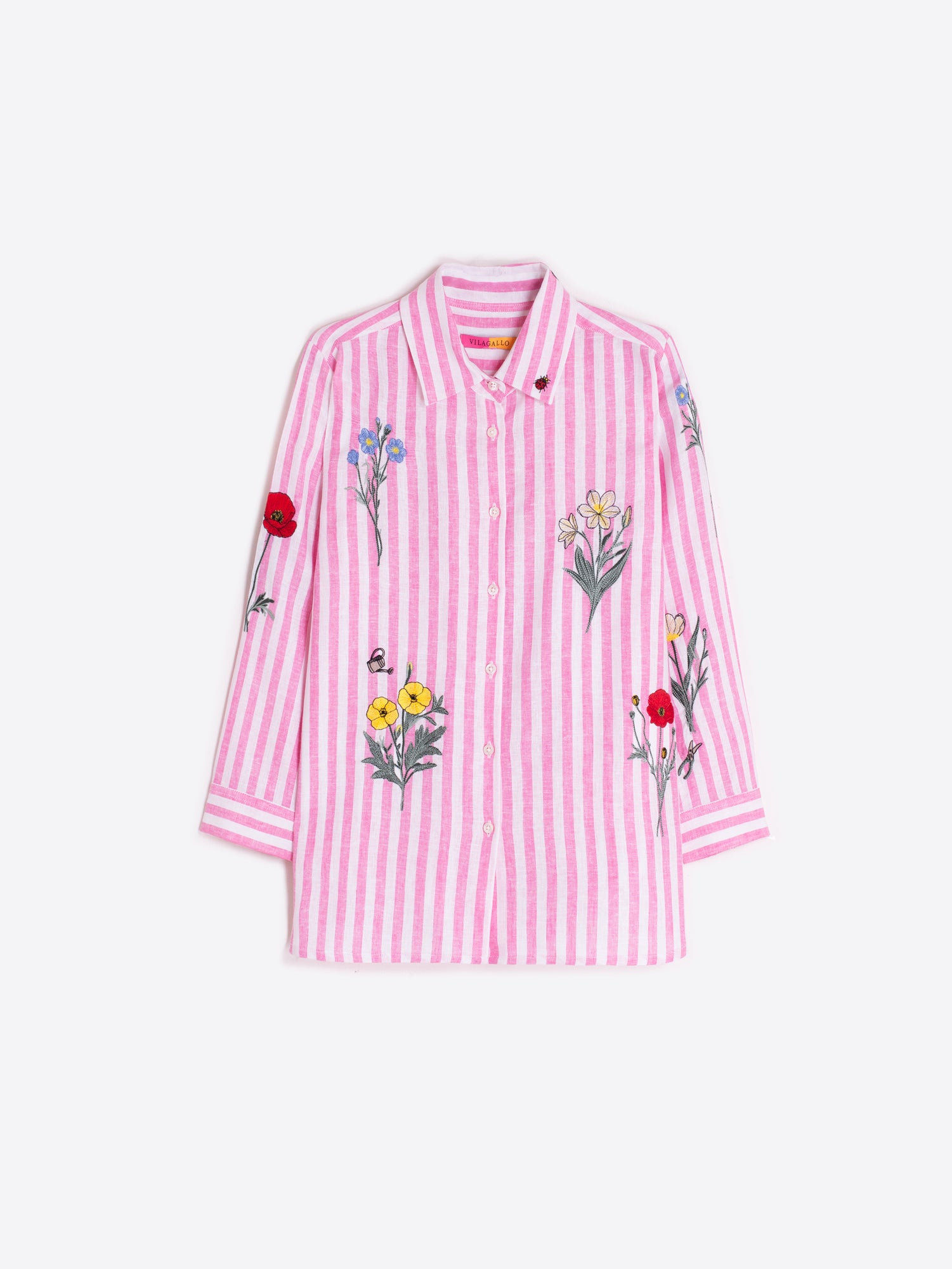 CAMISA RAYAS ROSA FLORES BORDADAS
