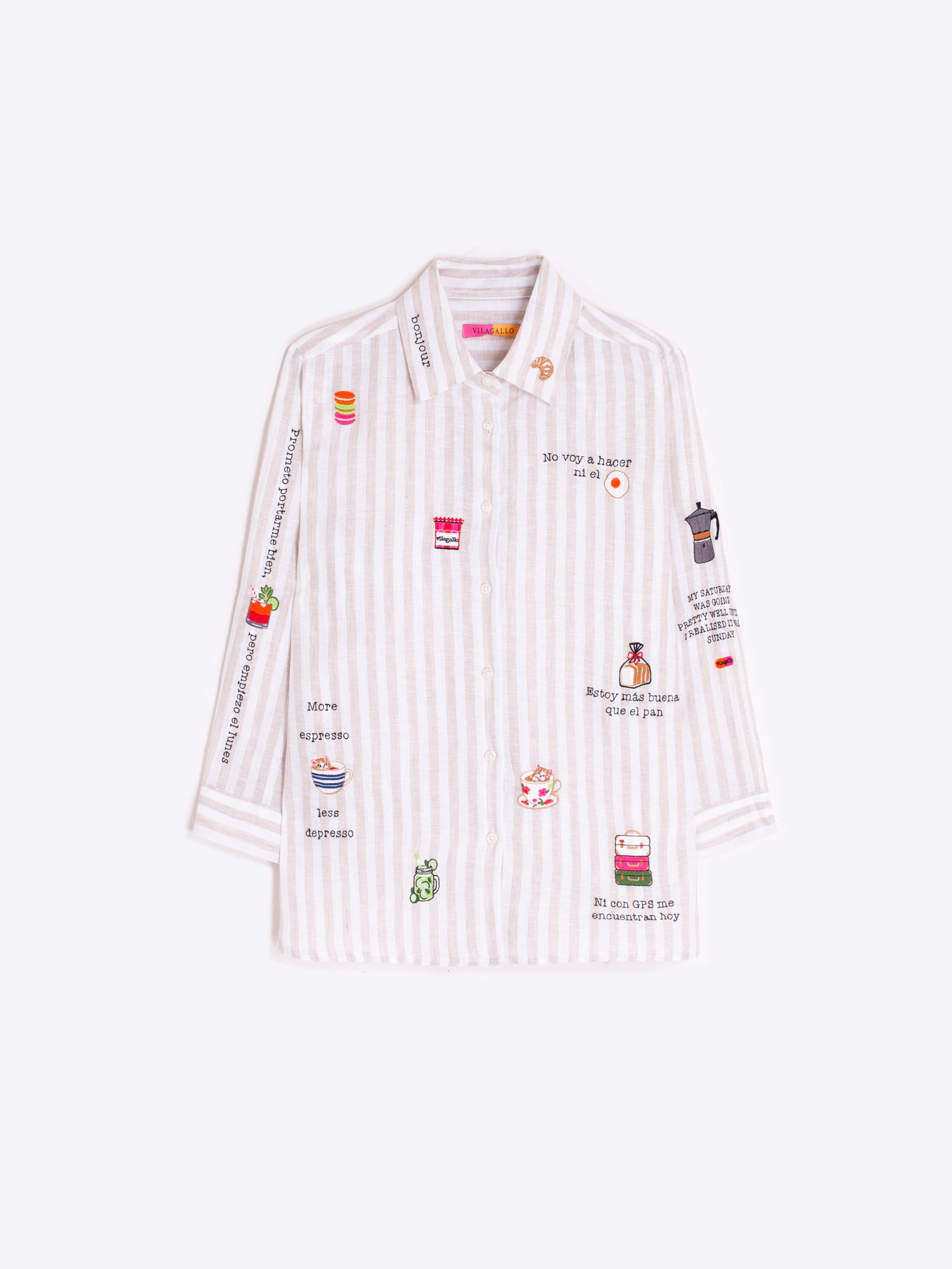 CAMISA RAYAS BEIGE ILUSTRACIONES Y TEXTO