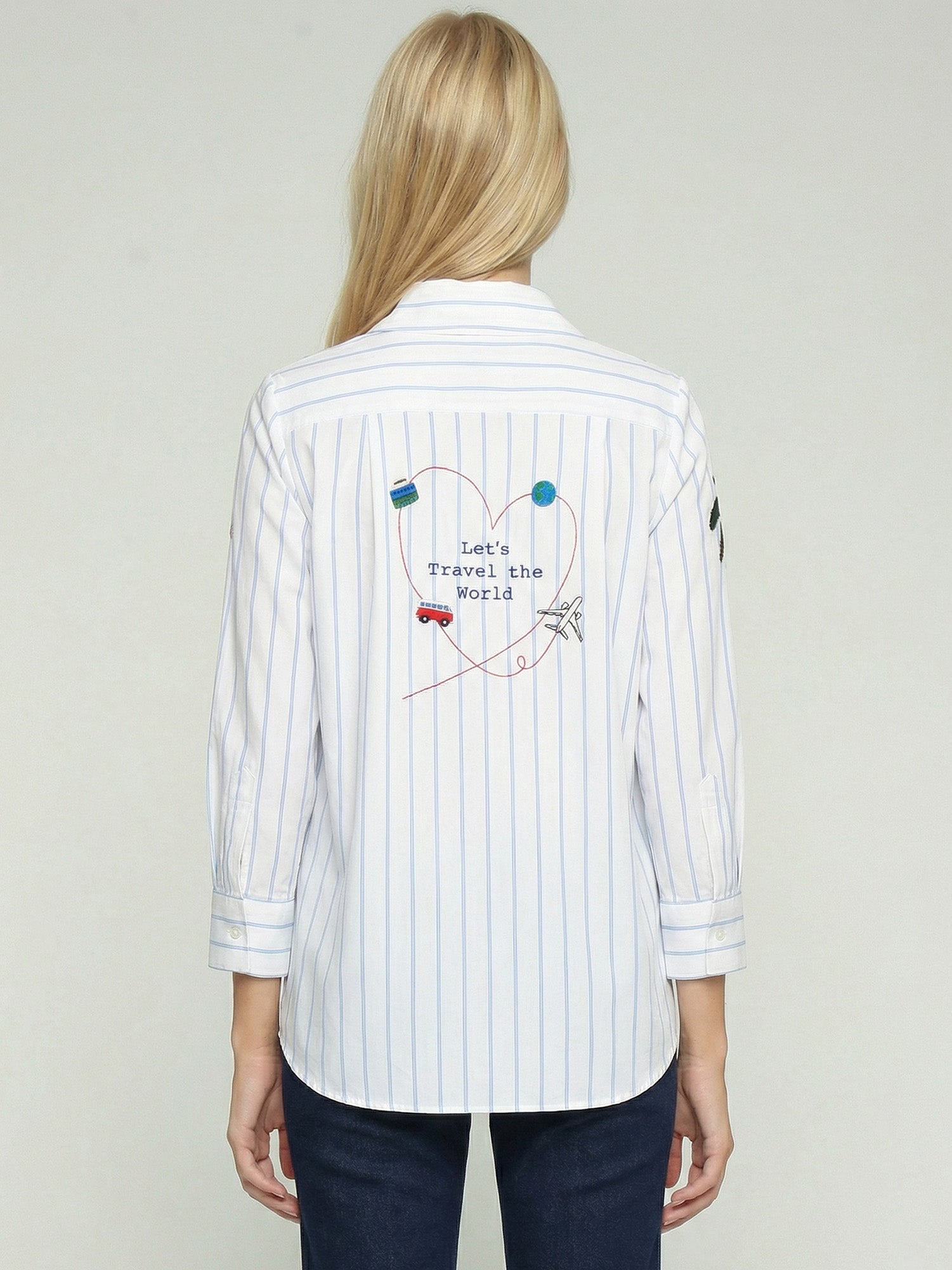 CAMISA BLANCA RAYAS AZULES BORDADOS SAFARI