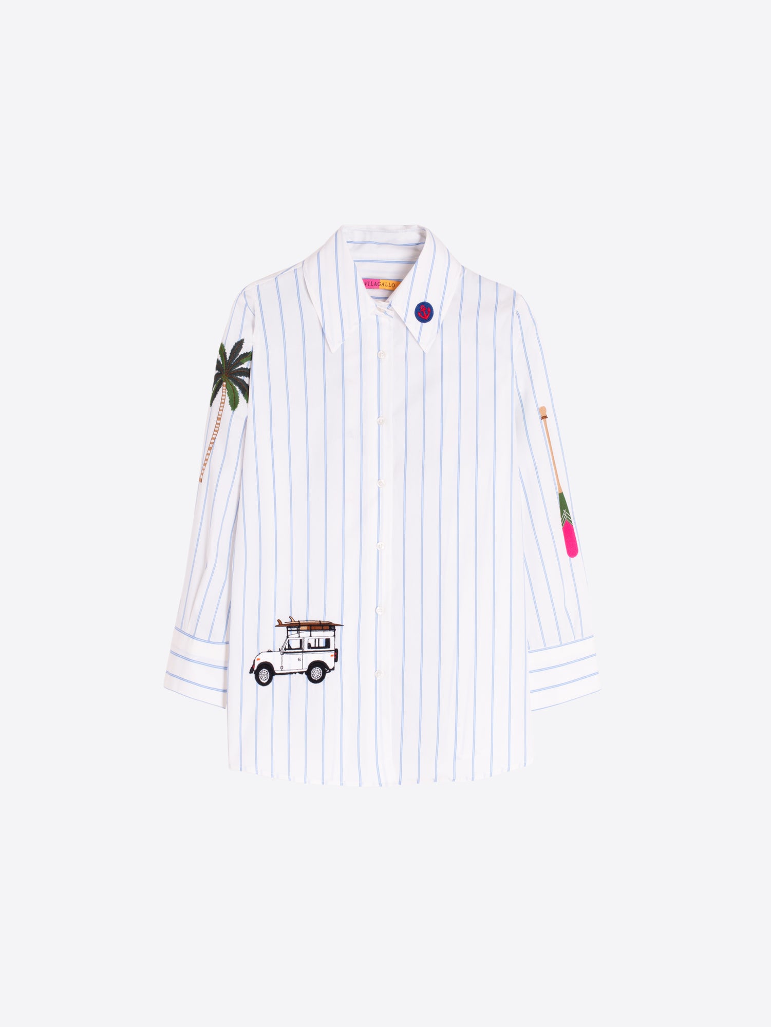 CAMISA BLANCA RAYAS AZULES BORDADOS SAFARI