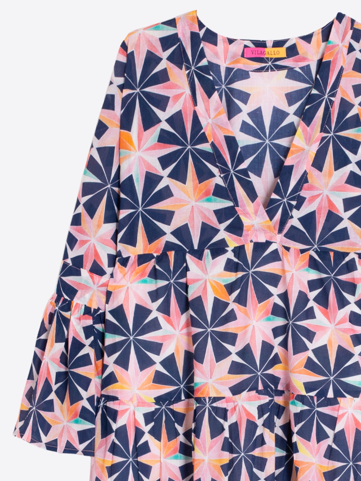 VESTIDO ESTAMPADO GEOMÉTRICO VOLANTES MANGA